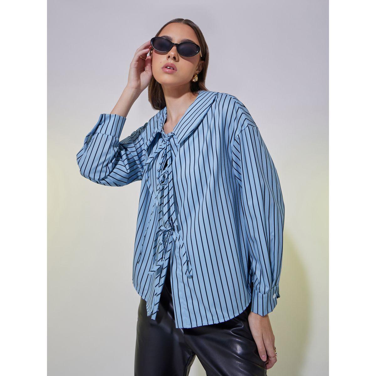 Striped Peter Pan Neck Shirt with Tie-Up Detail-women-clothing-shirtsandblouses-shirts-image-1