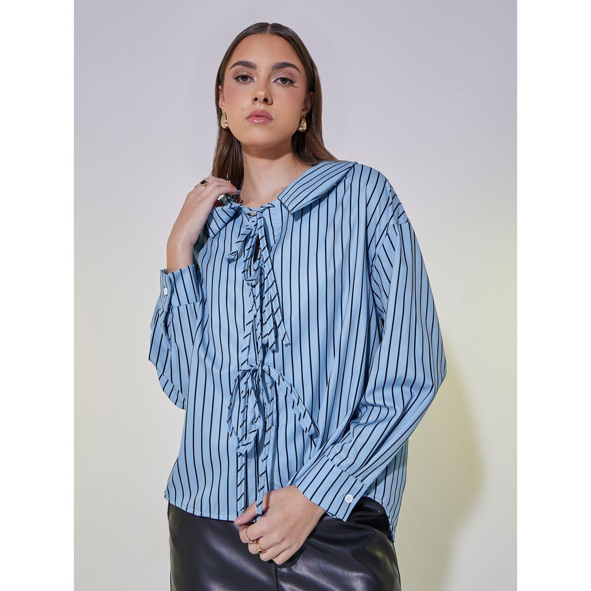 Striped Peter Pan Neck Shirt with Tie-Up Detail-women-clothing-shirtsandblouses-shirts-image-3