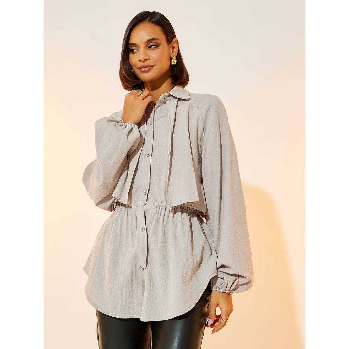 بلوزة سادة بخصر مزموم وأكمام بالون-women-clothing-shirtsandblouses-shirts-image-1