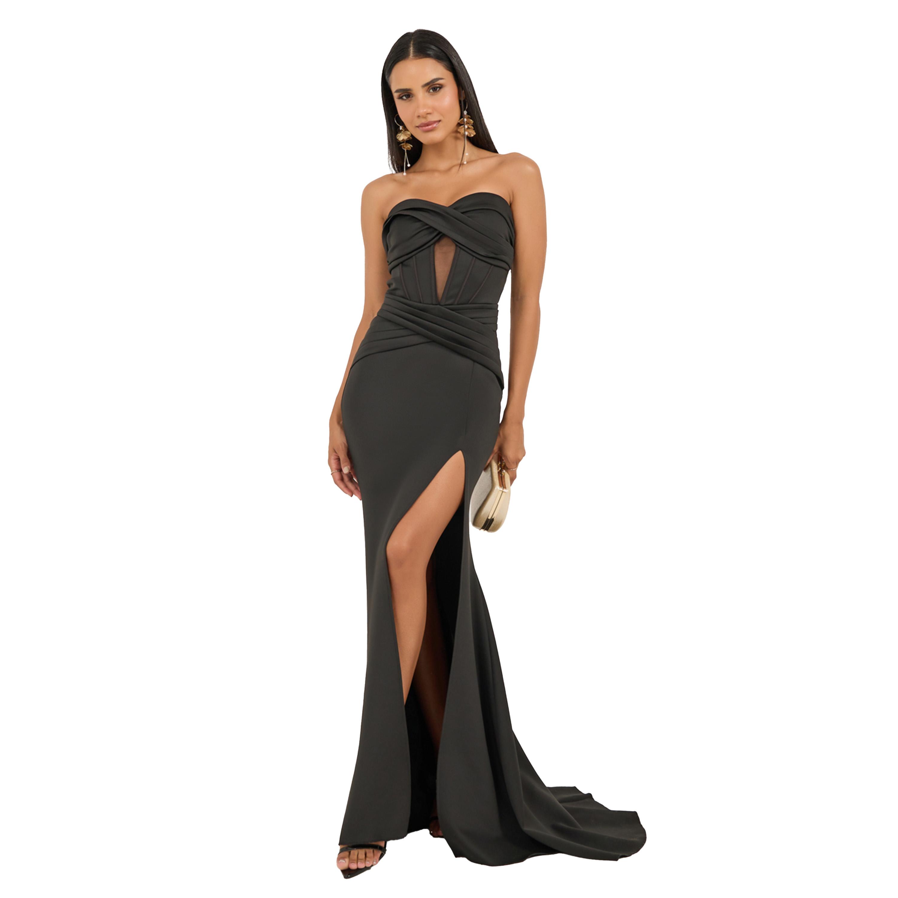 ستايلي - فستان ماكسي تصميم حورية البحر بدون حمالات مع فتحة عالية-women-clothing-dresses-image-1