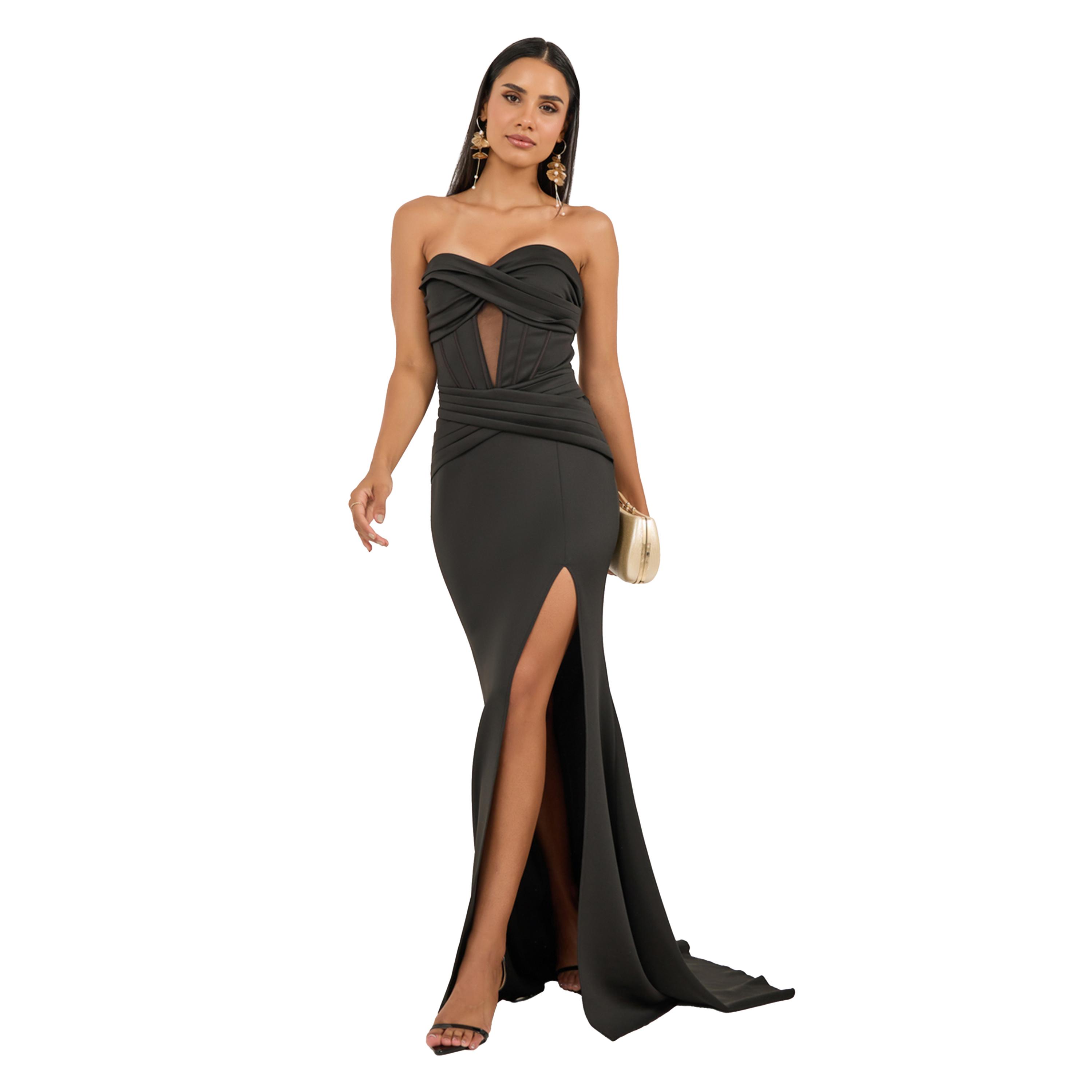 ستايلي - فستان ماكسي تصميم حورية البحر بدون حمالات مع فتحة عالية-women-clothing-dresses-image-2