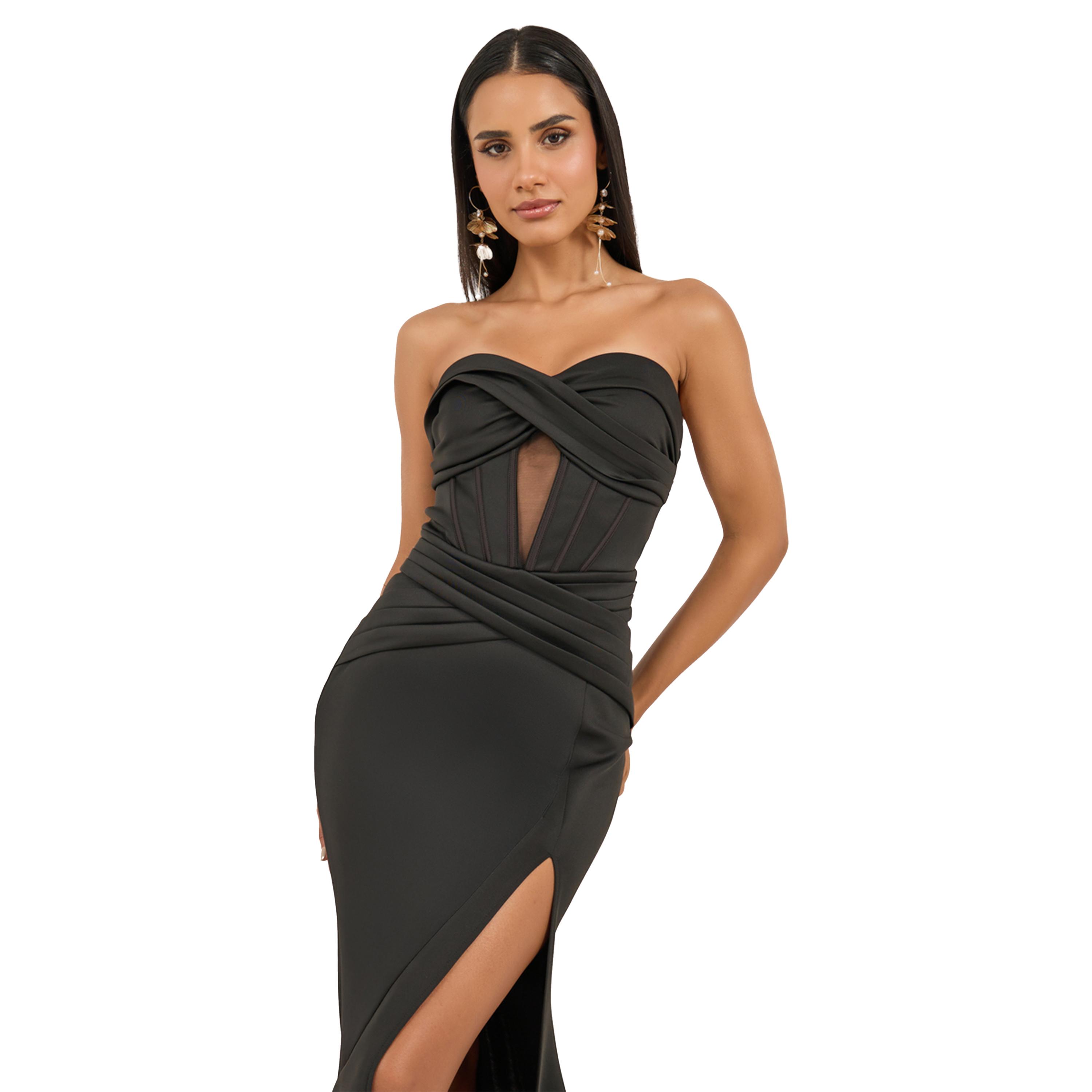 ستايلي - فستان ماكسي تصميم حورية البحر بدون حمالات مع فتحة عالية-women-clothing-dresses-image-3