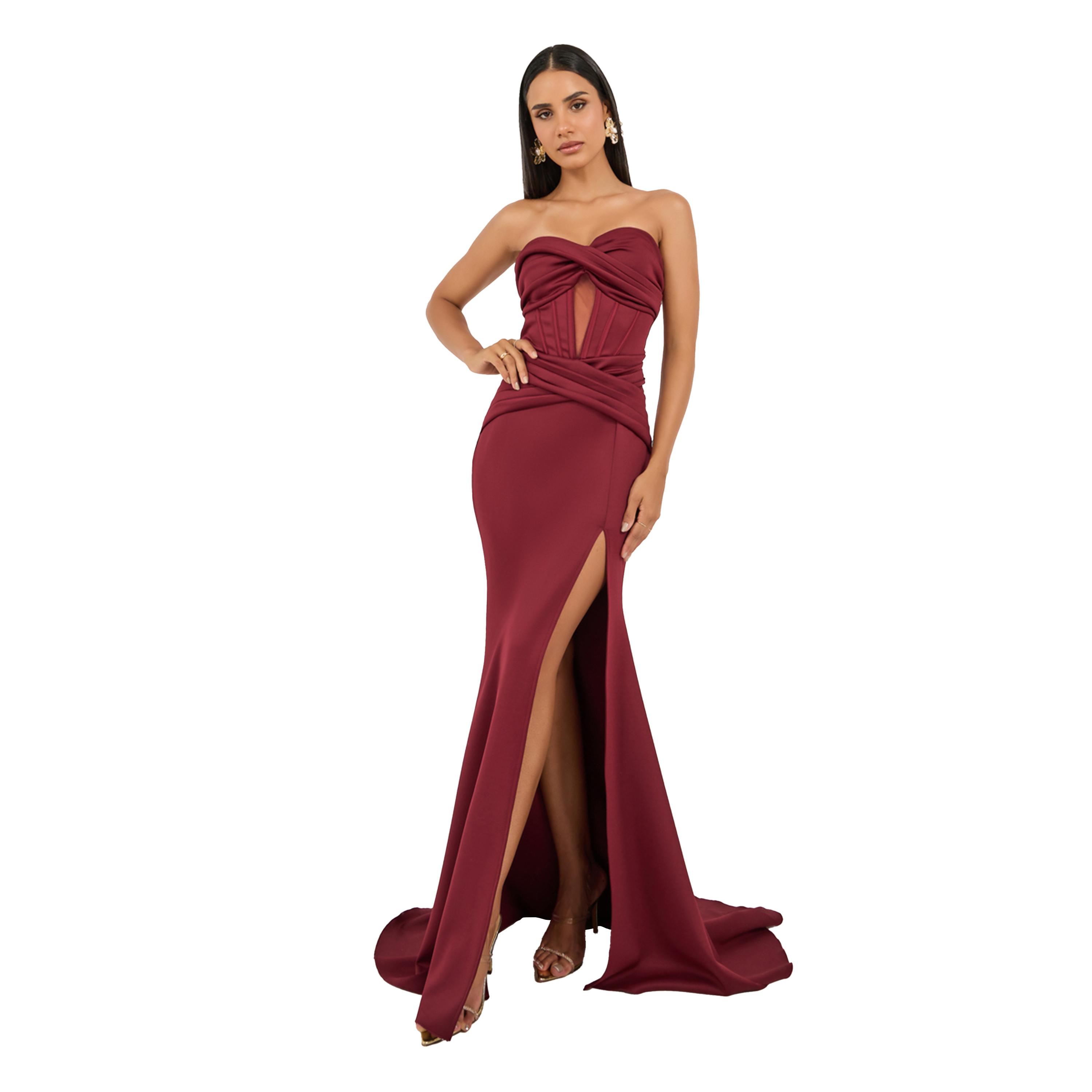 ستايلي - فستان ماكسي تصميم حورية البحر بدون حمالات مع فتحة عالية-women-clothing-dresses-image-2