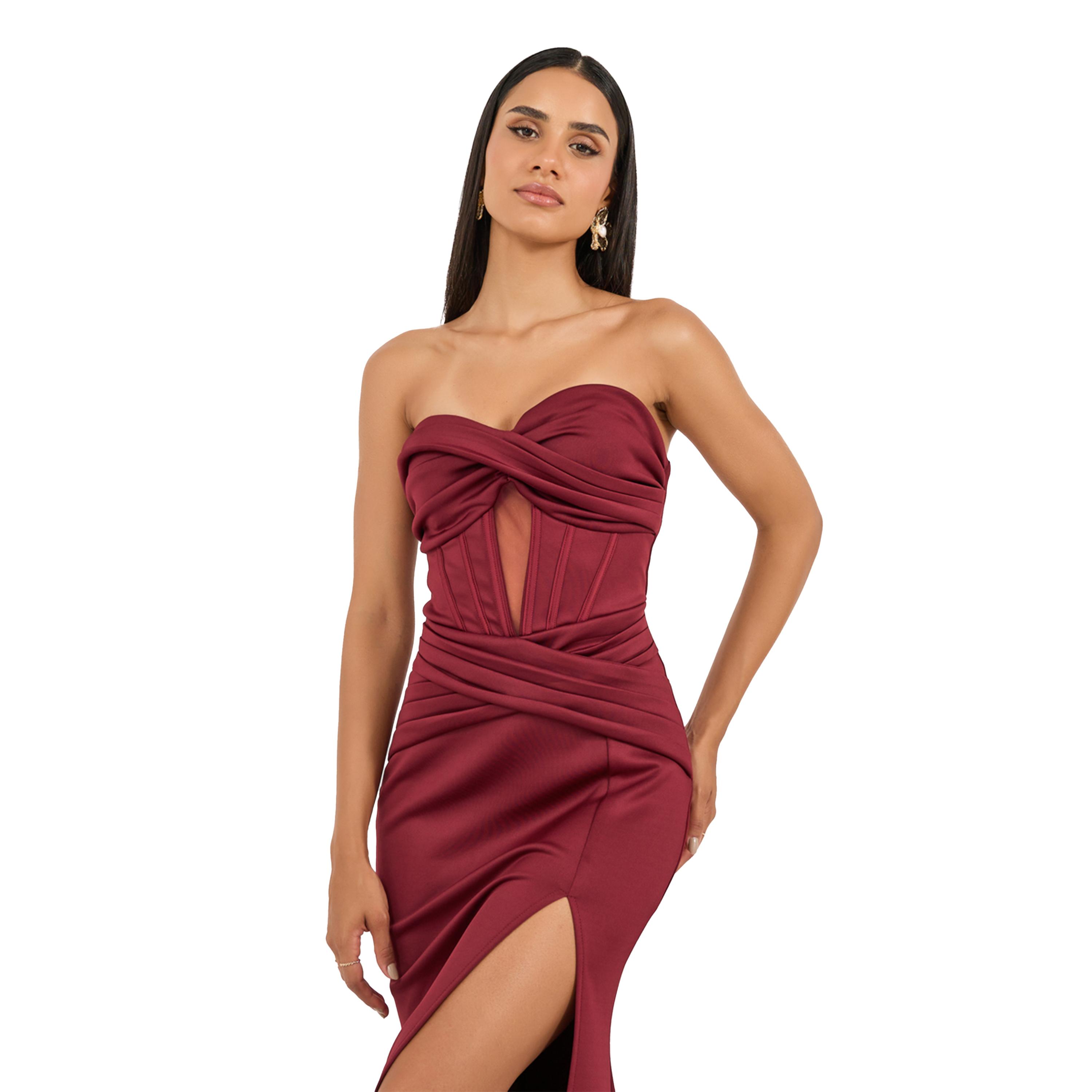 ستايلي - فستان ماكسي تصميم حورية البحر بدون حمالات مع فتحة عالية-women-clothing-dresses-image-3