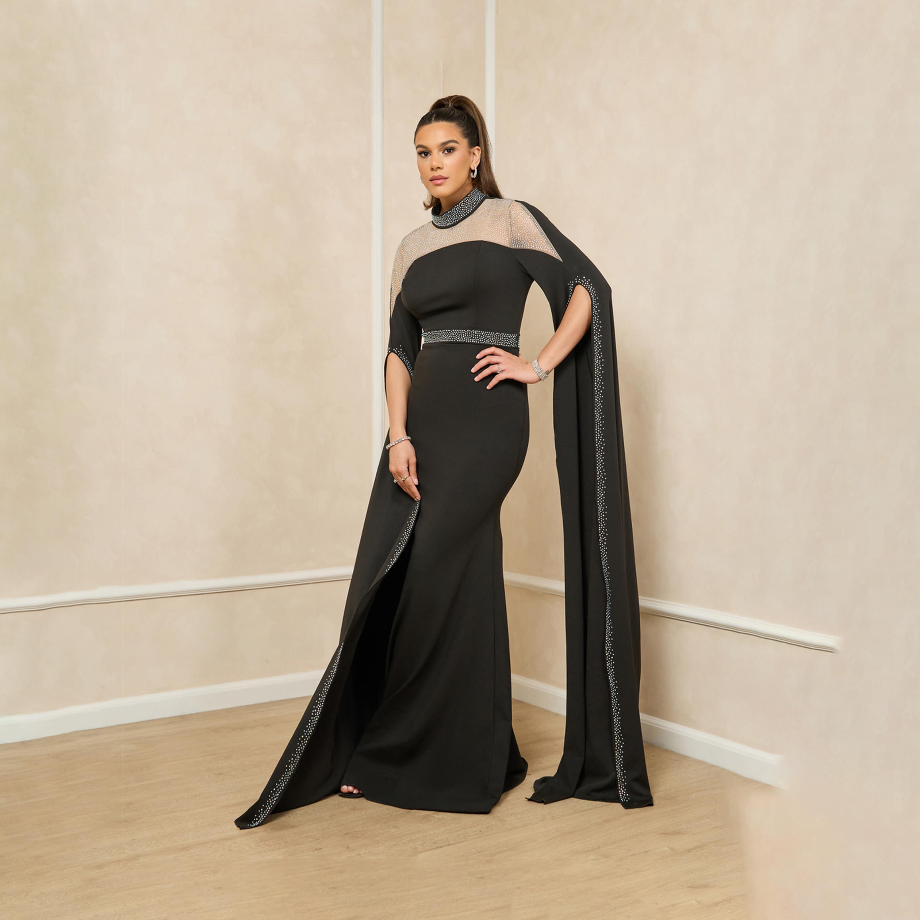 Styli Embellished Cape Sleeve Mesh Insert Mermaid Hem Maxi Dress-women-clothing-dresses-image-1