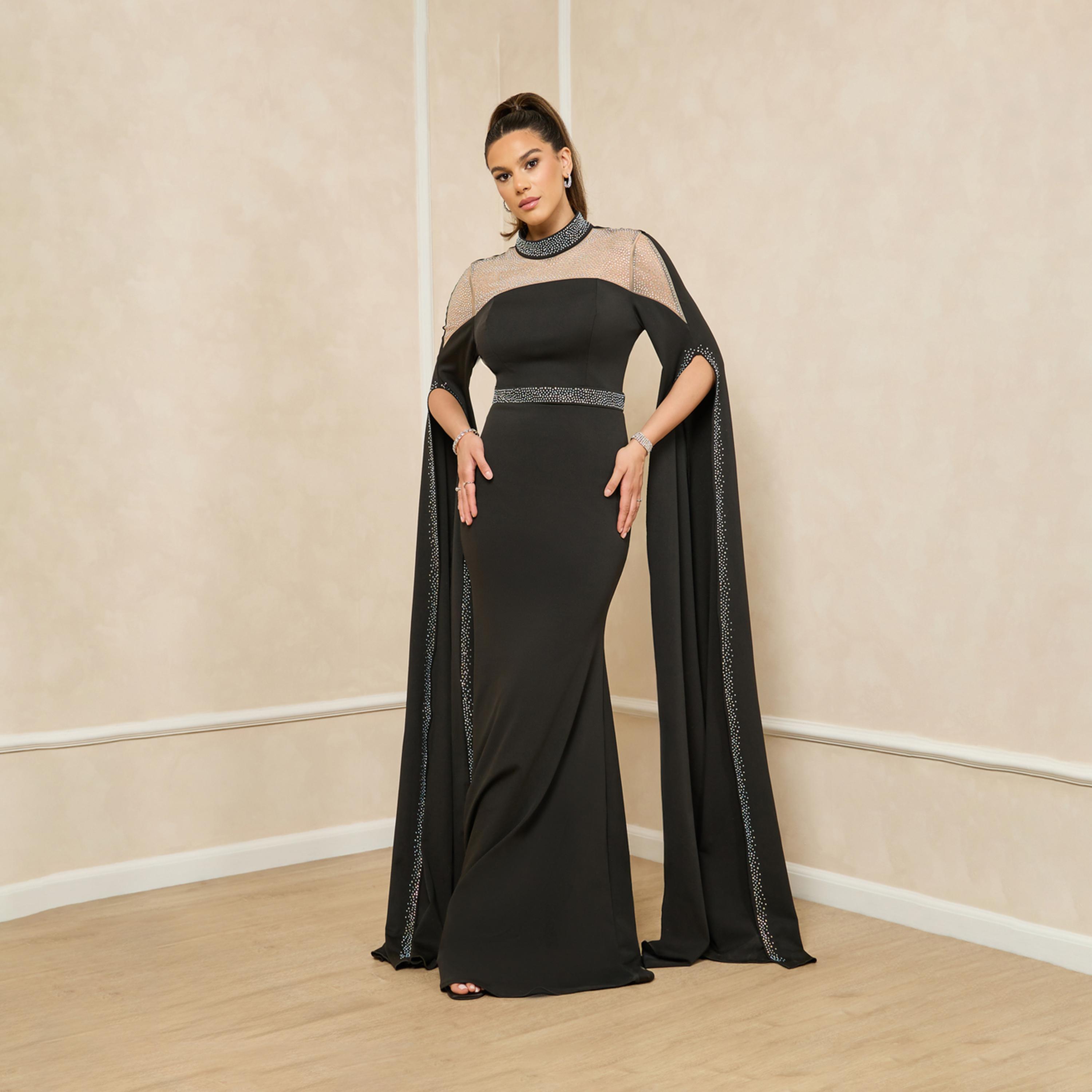 Styli Embellished Cape Sleeve Mesh Insert Mermaid Hem Maxi Dress-women-clothing-dresses-image-2