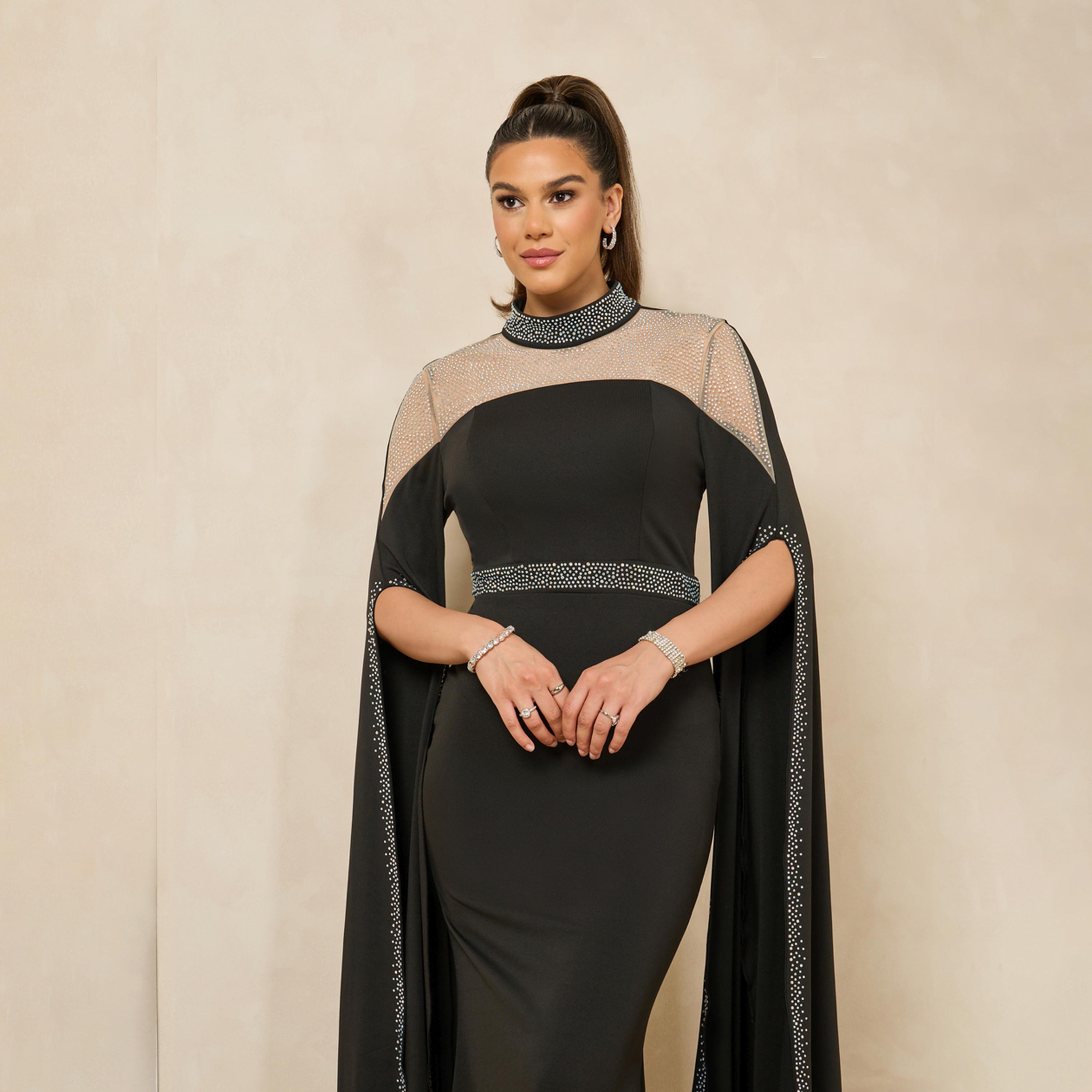 ستايلي - فستان ماكسي بأكمام قصيرة مزخرفة وجزء شبكي وحاشية حورية البحر-women-clothing-dresses-image-3
