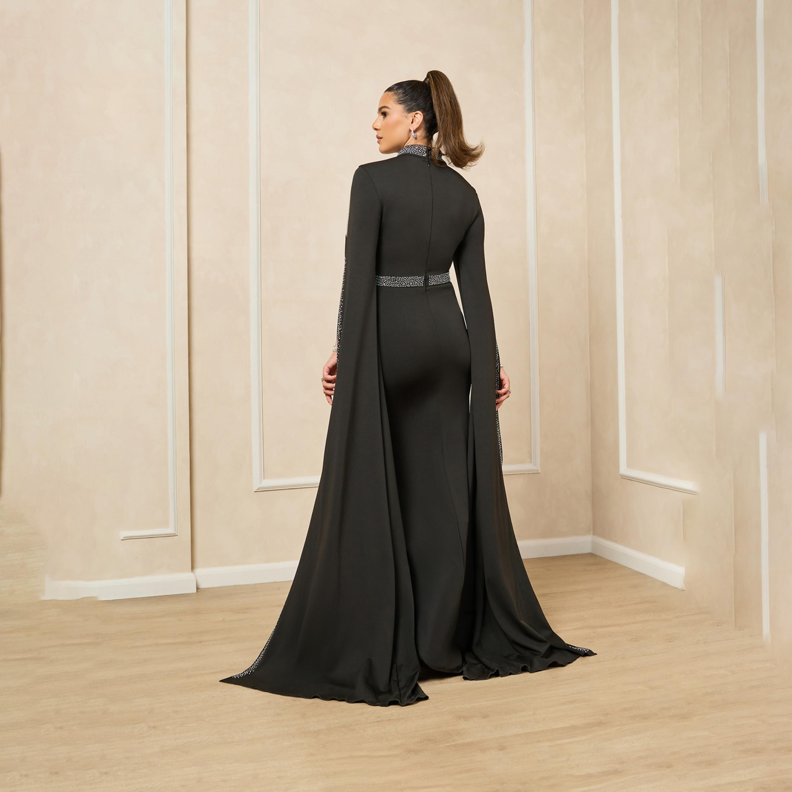 ستايلي - فستان ماكسي بأكمام قصيرة مزخرفة وجزء شبكي وحاشية حورية البحر-women-clothing-dresses-image-5