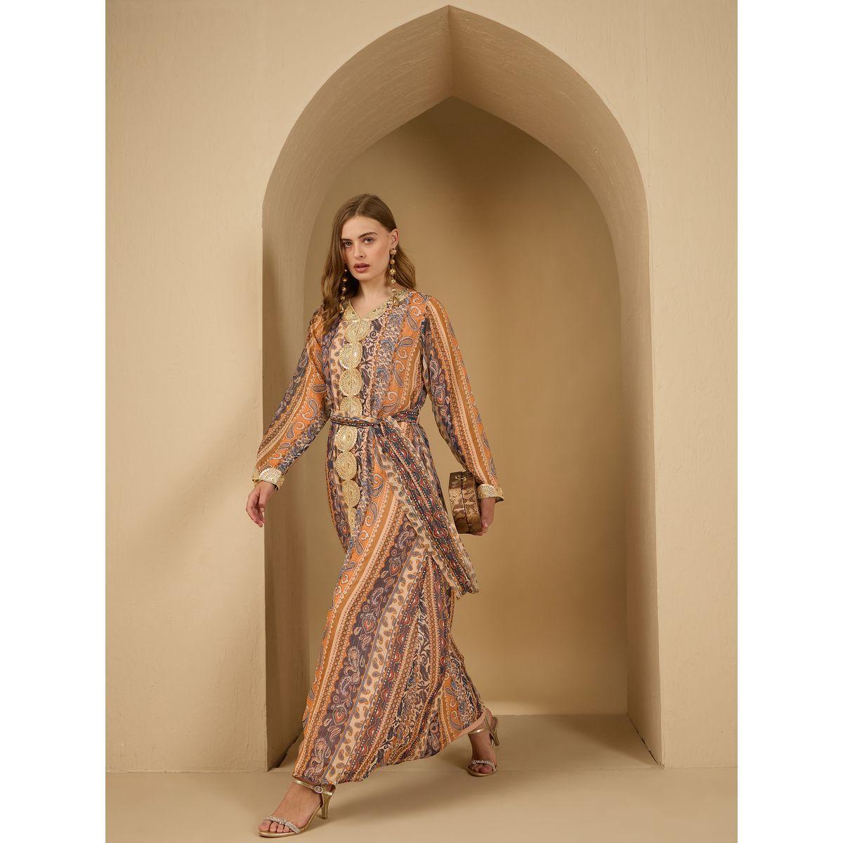 أميرة x ستايلي جلابية بطبعة بيزلي وتداخلات دانتيل مع حزام-women-arabicclothing-jalabiyas-image-1