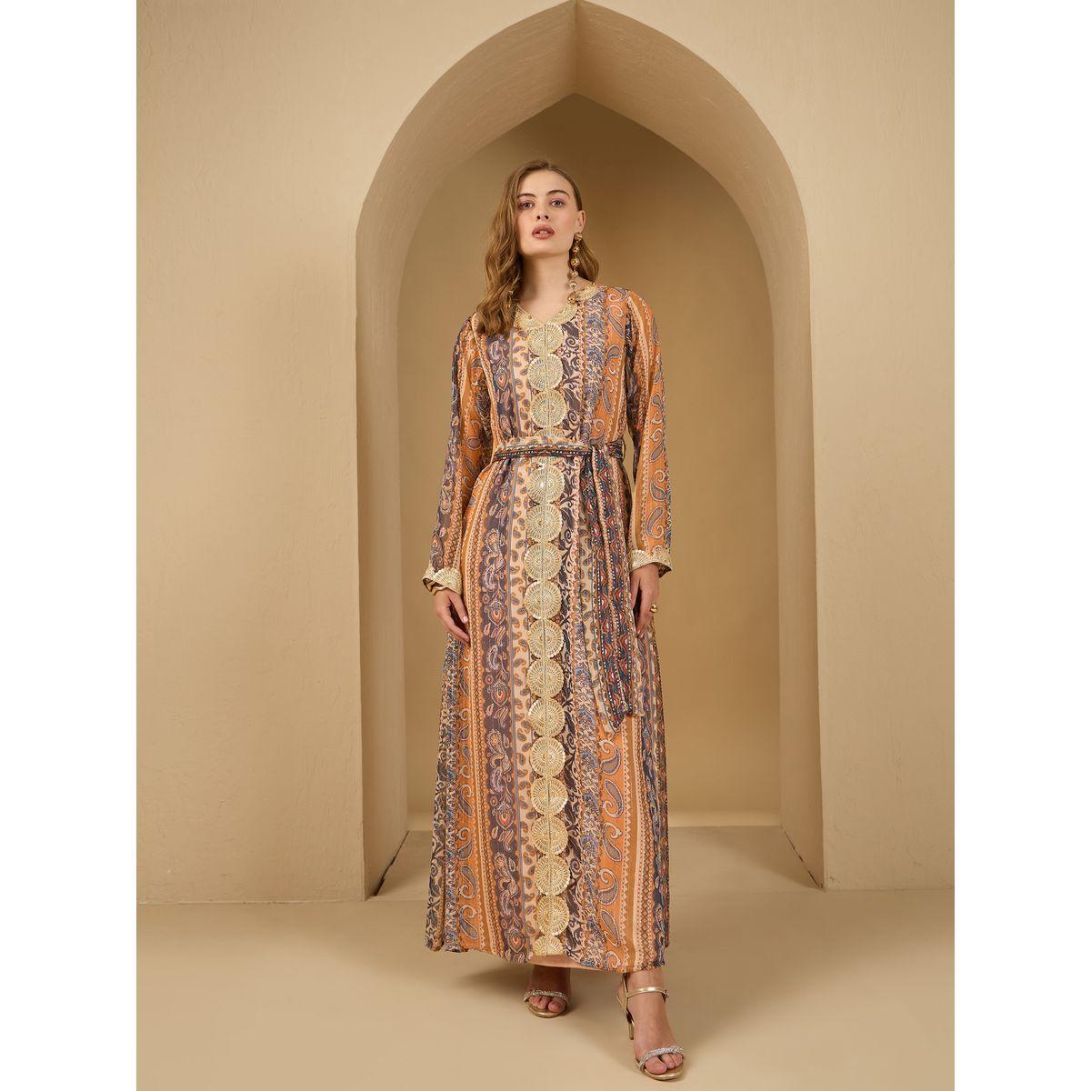 أميرة x ستايلي جلابية بطبعة بيزلي وتداخلات دانتيل مع حزام-women-arabicclothing-jalabiyas-image-2