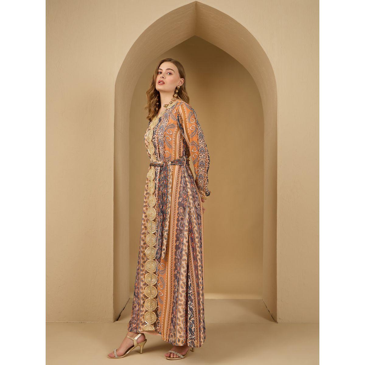 Amirah X Styli Paisley Print Lace Trim Jalabiya with Fabric Belt-women-arabicclothing-jalabiyas-image-3