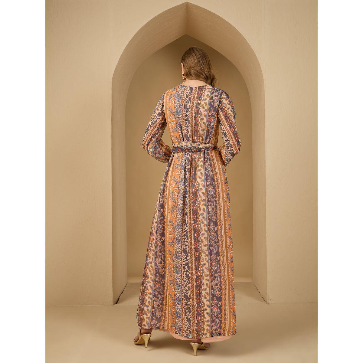 أميرة x ستايلي جلابية بطبعة بيزلي وتداخلات دانتيل مع حزام-women-arabicclothing-jalabiyas-image-5