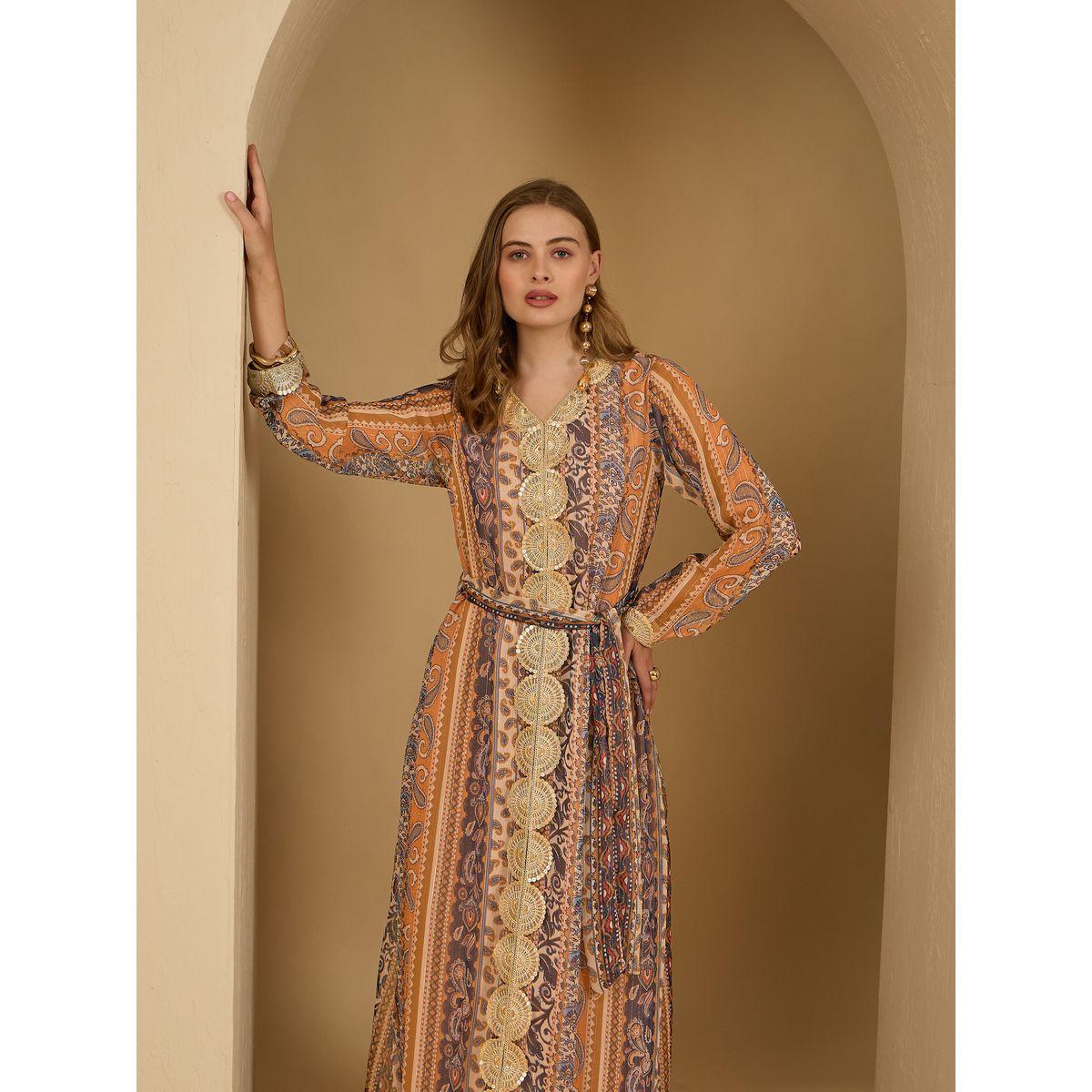 Amirah X Styli Paisley Print Lace Trim Jalabiya with Fabric Belt-women-arabicclothing-jalabiyas-image-6