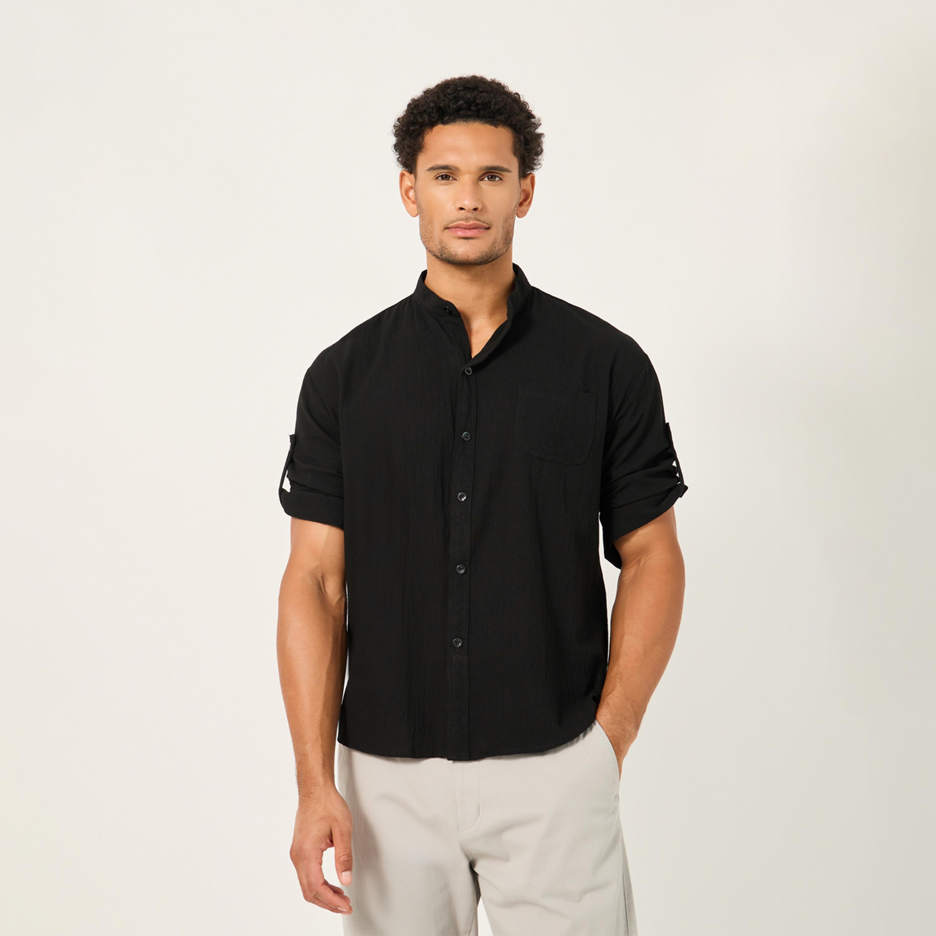 ستايلي - قميص بقصّة عادية وياقة ماندرين سادة-men-clothing-shirts-image-1
