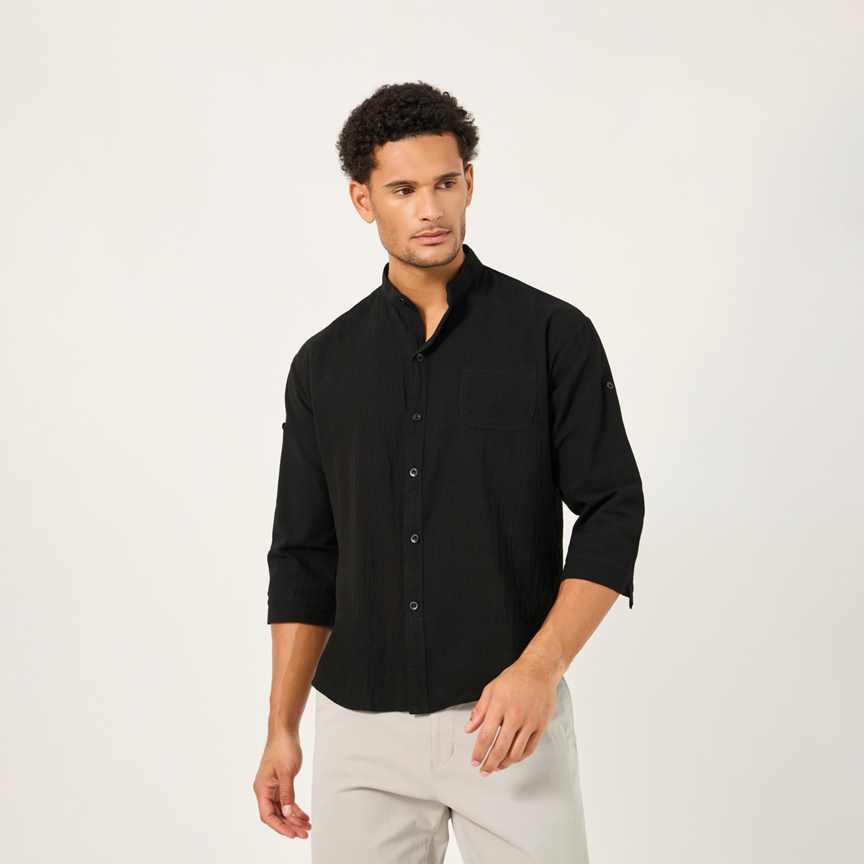 Styli Solid Mandarin Collar Regular Fit Shirt-men-clothing-shirts-image-2
