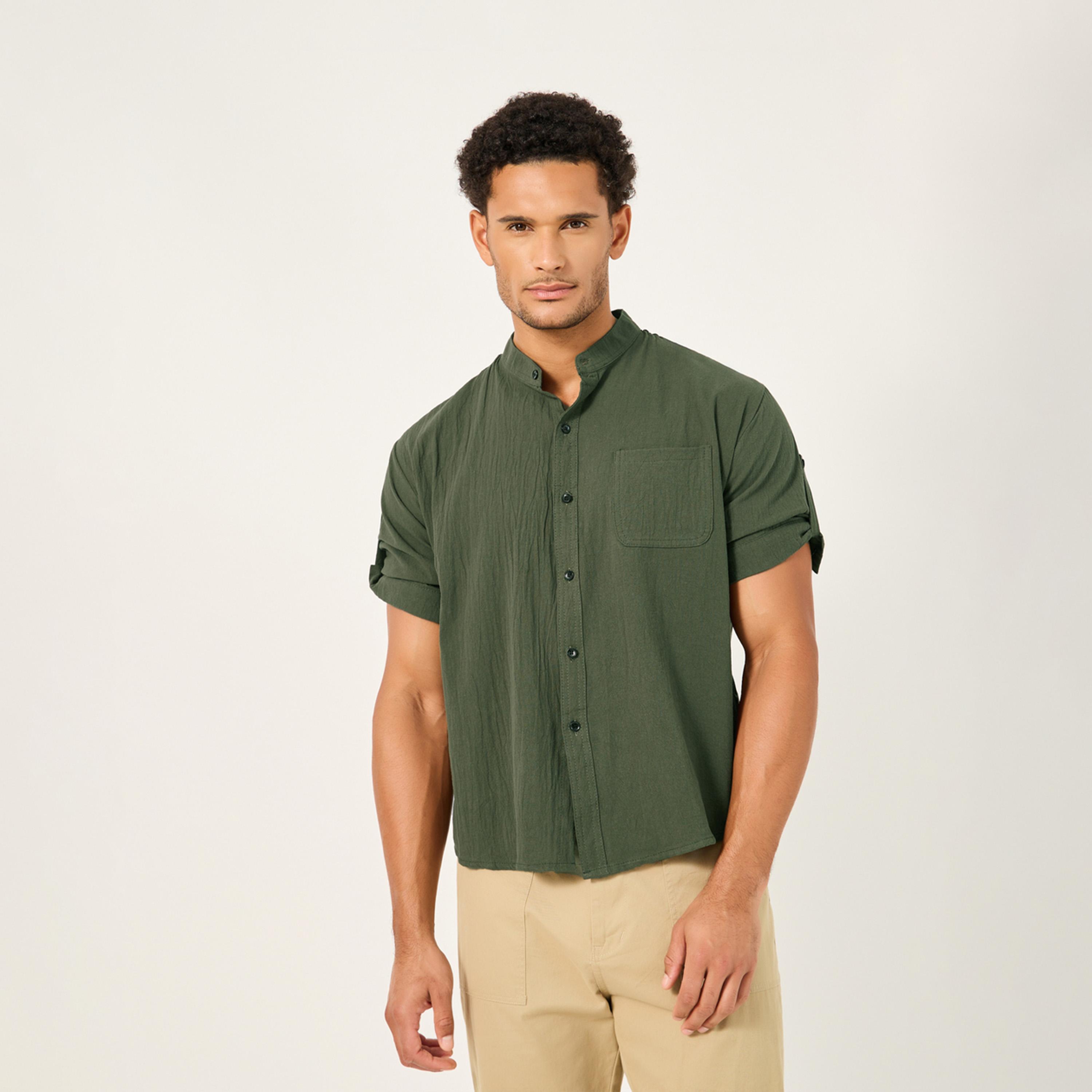 Styli Solid Mandarin Collar Regular Fit Shirt-men-clothing-shirts-image-1