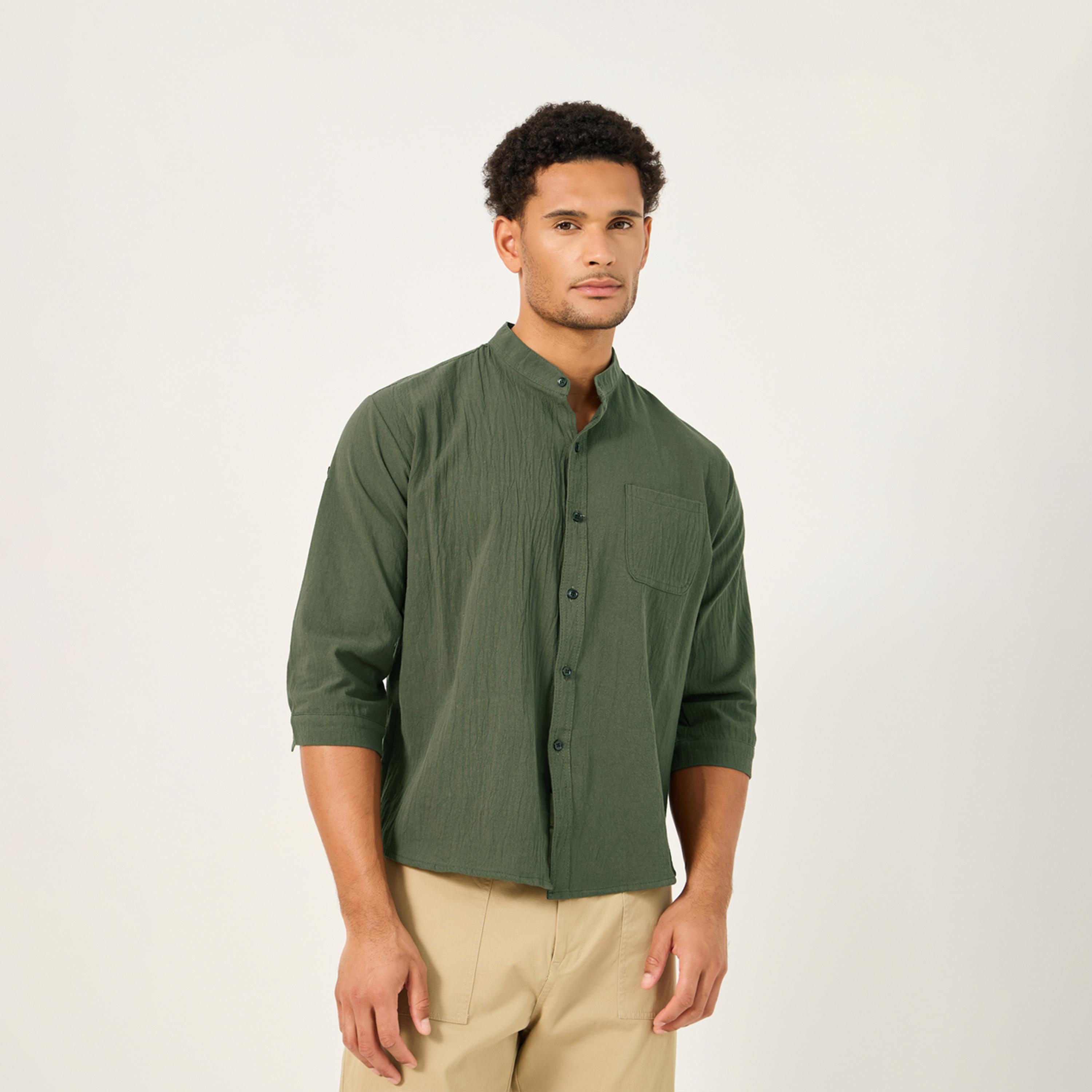 Styli Solid Mandarin Collar Regular Fit Shirt-men-clothing-shirts-image-2