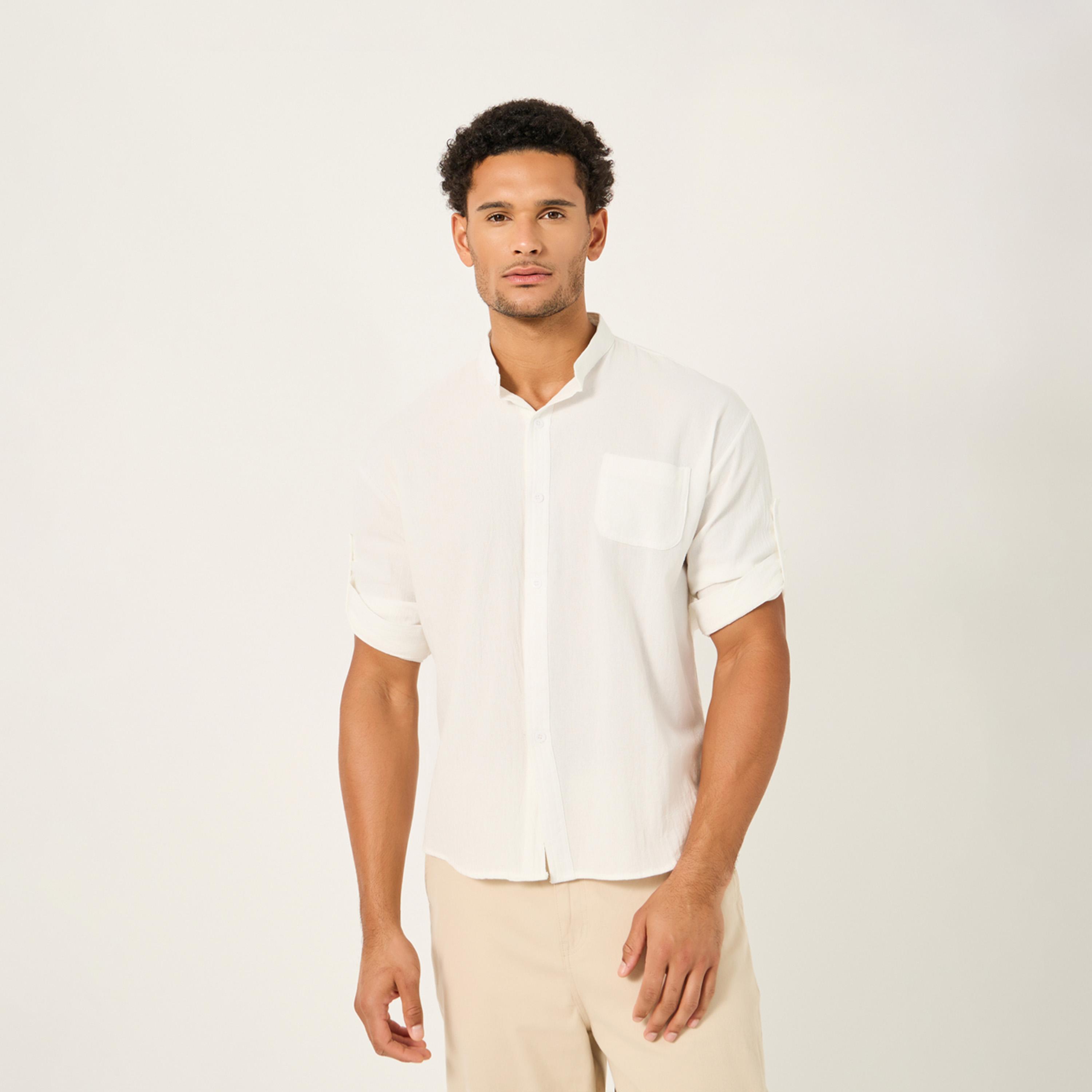 ستايلي - قميص بقصّة عادية وياقة ماندرين سادة-men-clothing-shirts-image-1