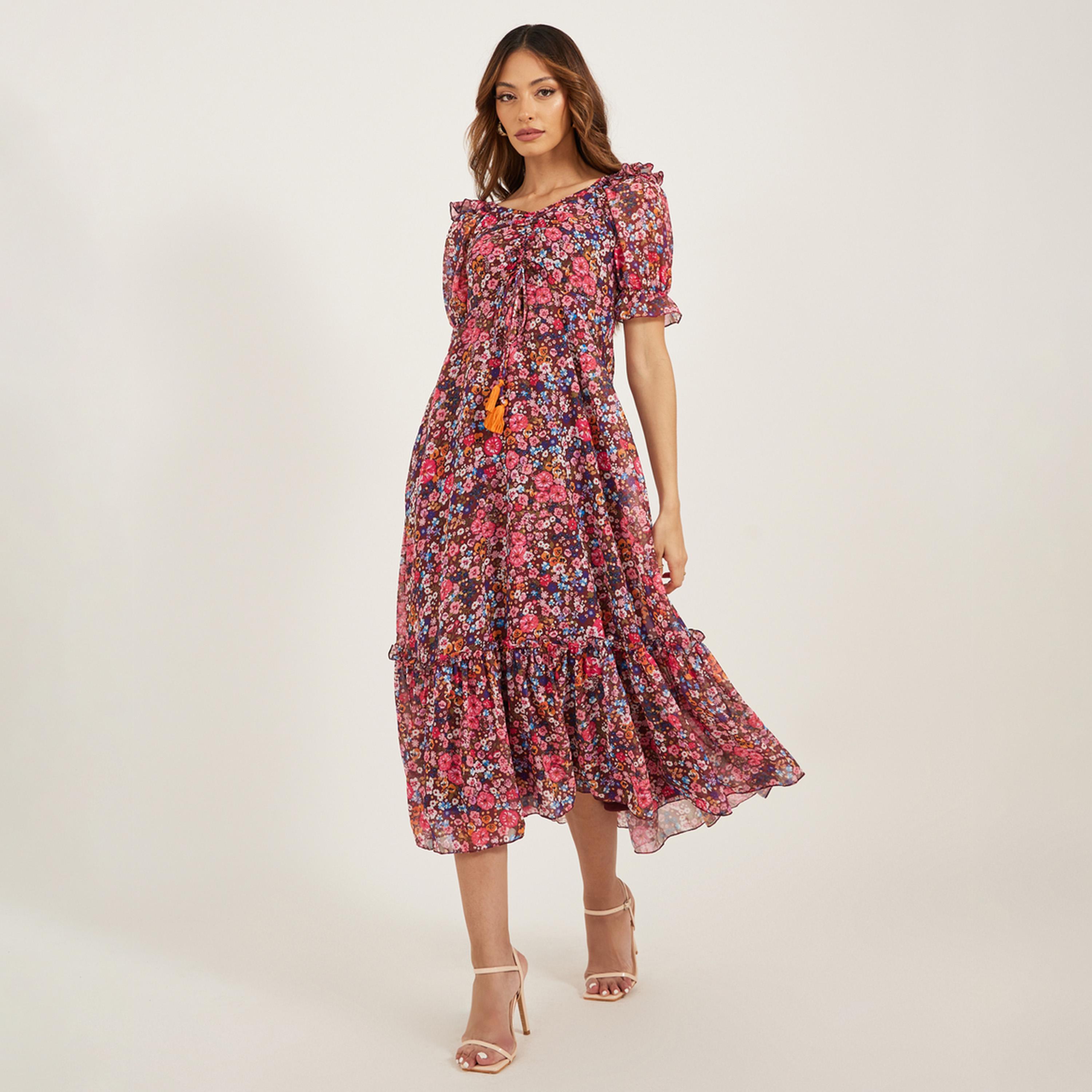 ستايلي-  فستان ميدي بطبقات وأكمام منفوخة-women-clothing-dresses-image-1