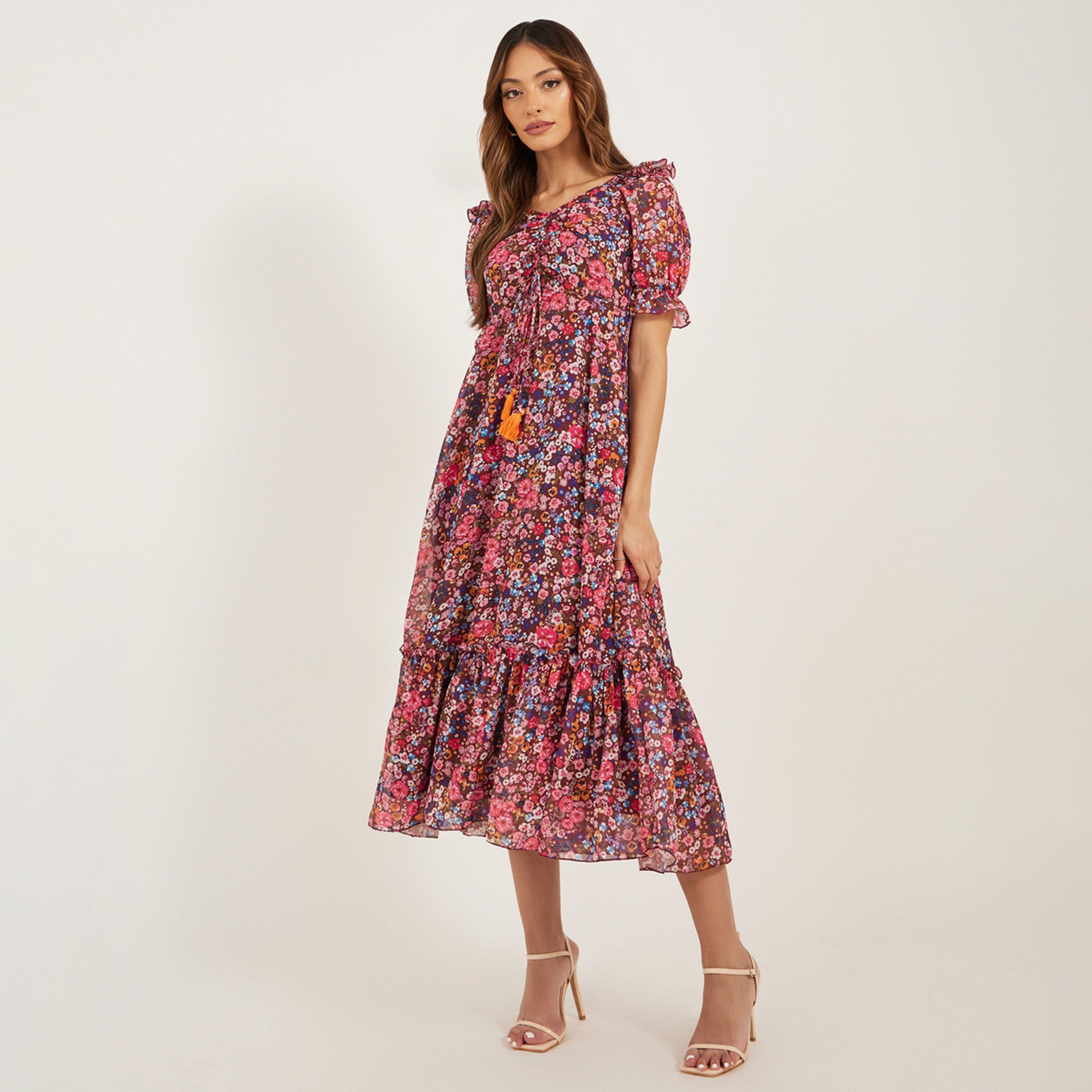 Styli Printed Puff Sleeve Tiered Midi Dress-women-clothing-dresses-image-2