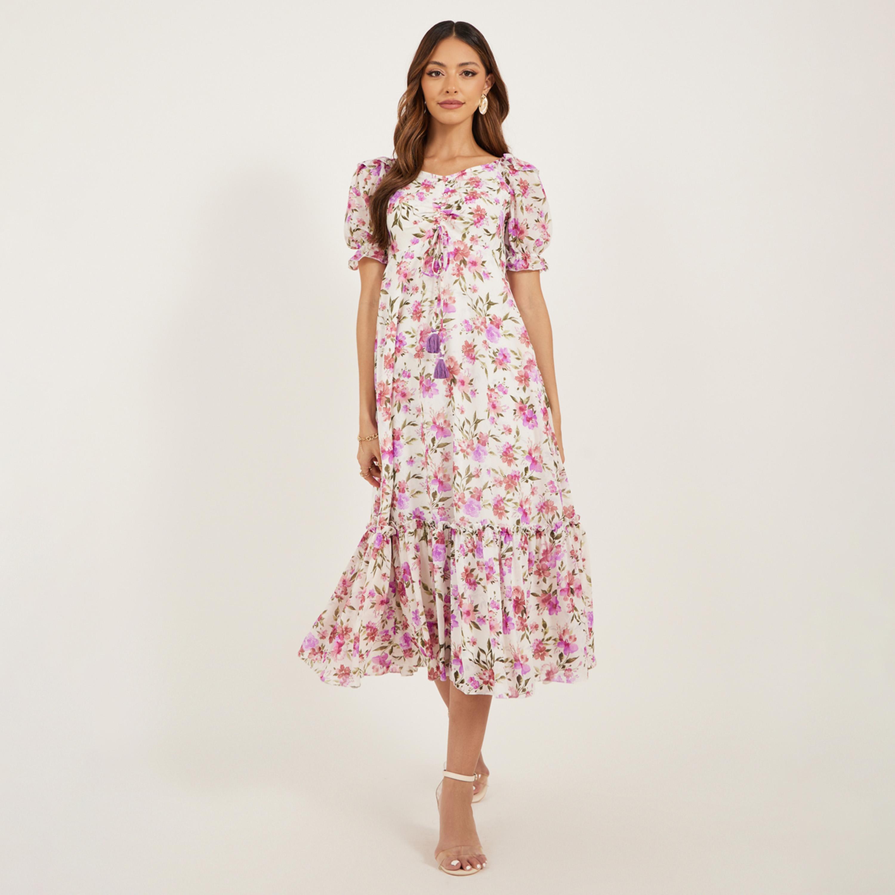 Styli Printed Puff Sleeve Tiered Midi Dress-women-clothing-dresses-image-1