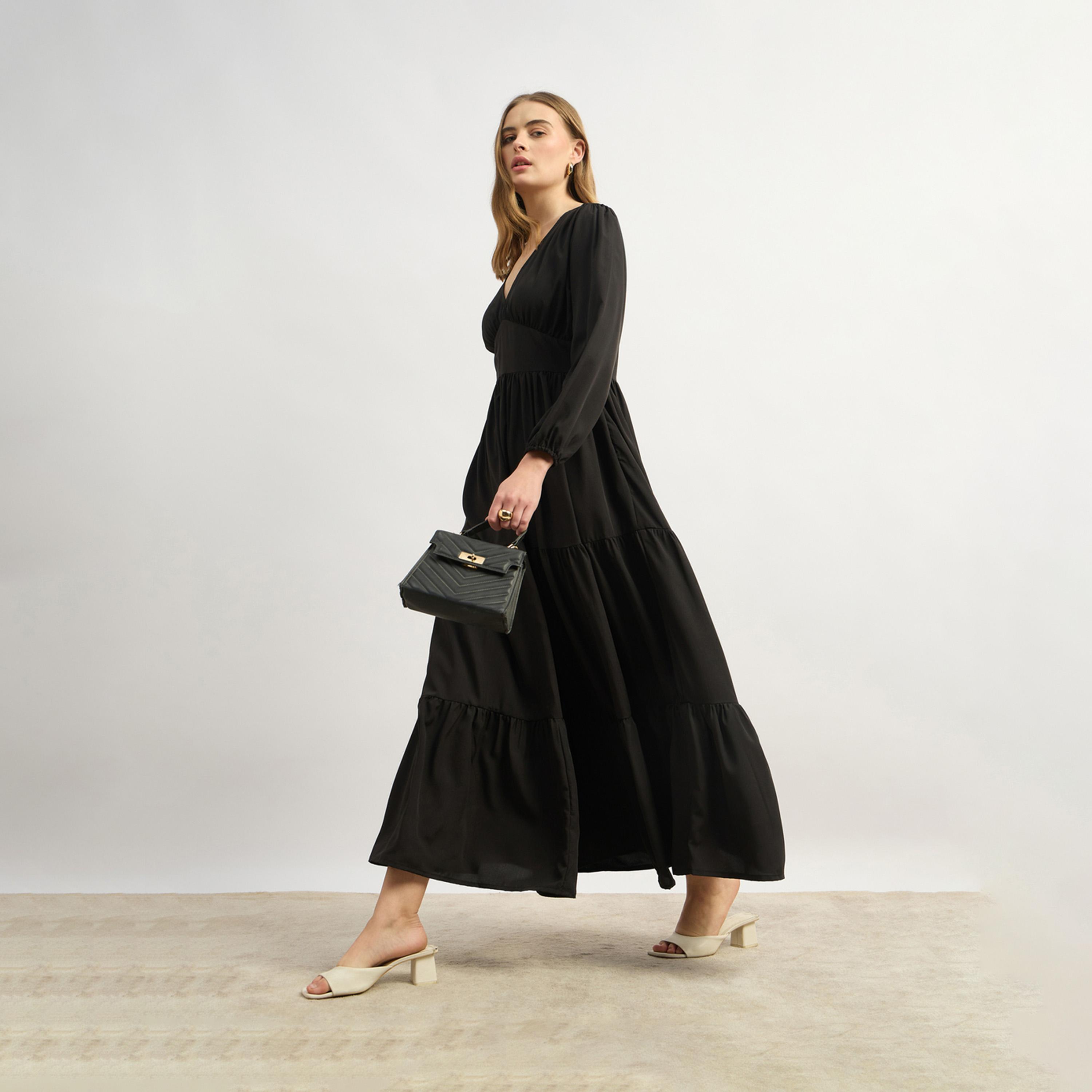ستايلي - فستان ماكسي موتلي كرو مطبوع بالكامل بقصة A مع تفاصيل ربطة للياقة-women-clothing-dresses-image-1