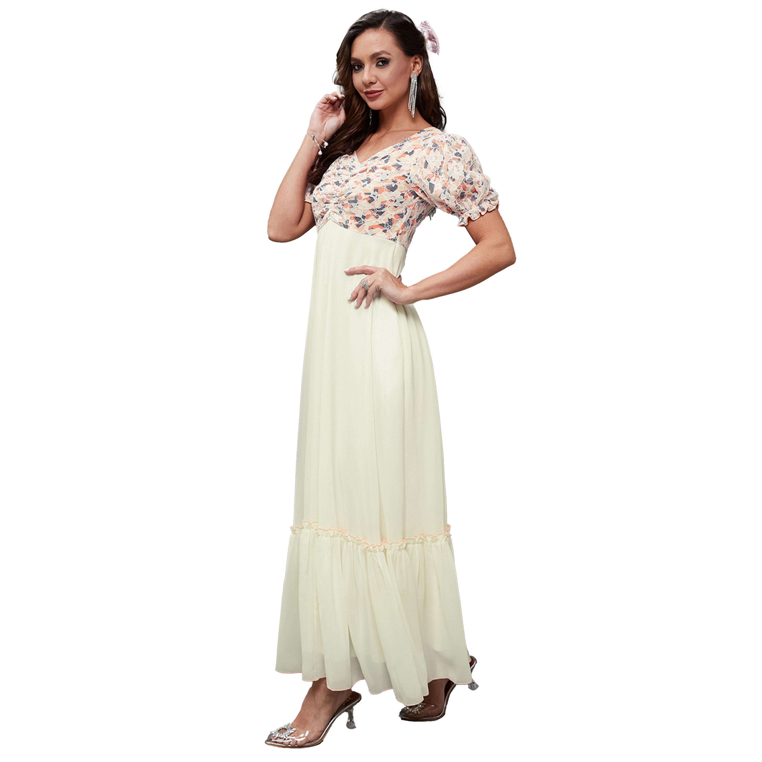 Styli Lace Insert Ruched Detail Puff Sleeve Maxi Dress-women-clothing-dresses-image-2