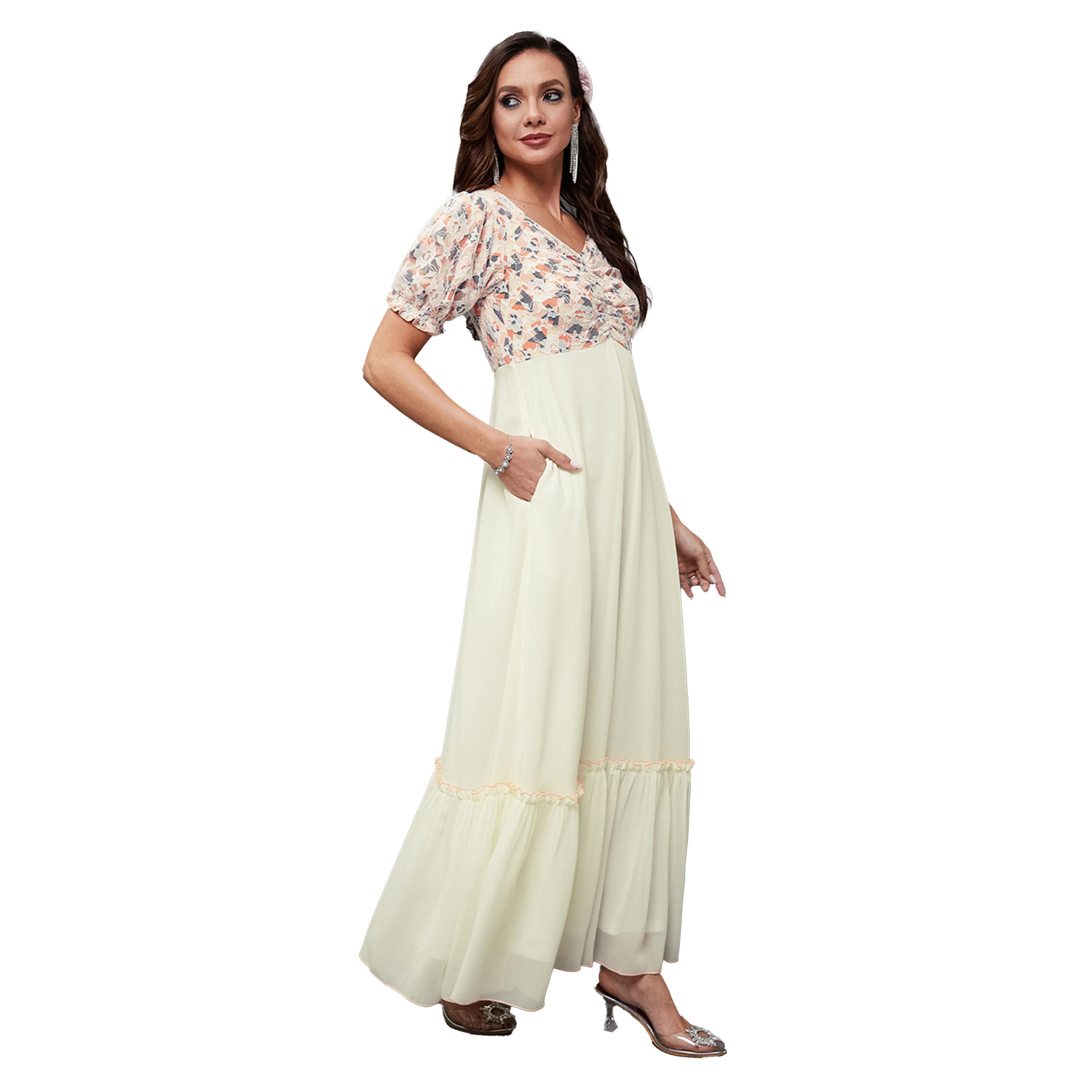 Styli Lace Insert Ruched Detail Puff Sleeve Maxi Dress-women-clothing-dresses-image-4