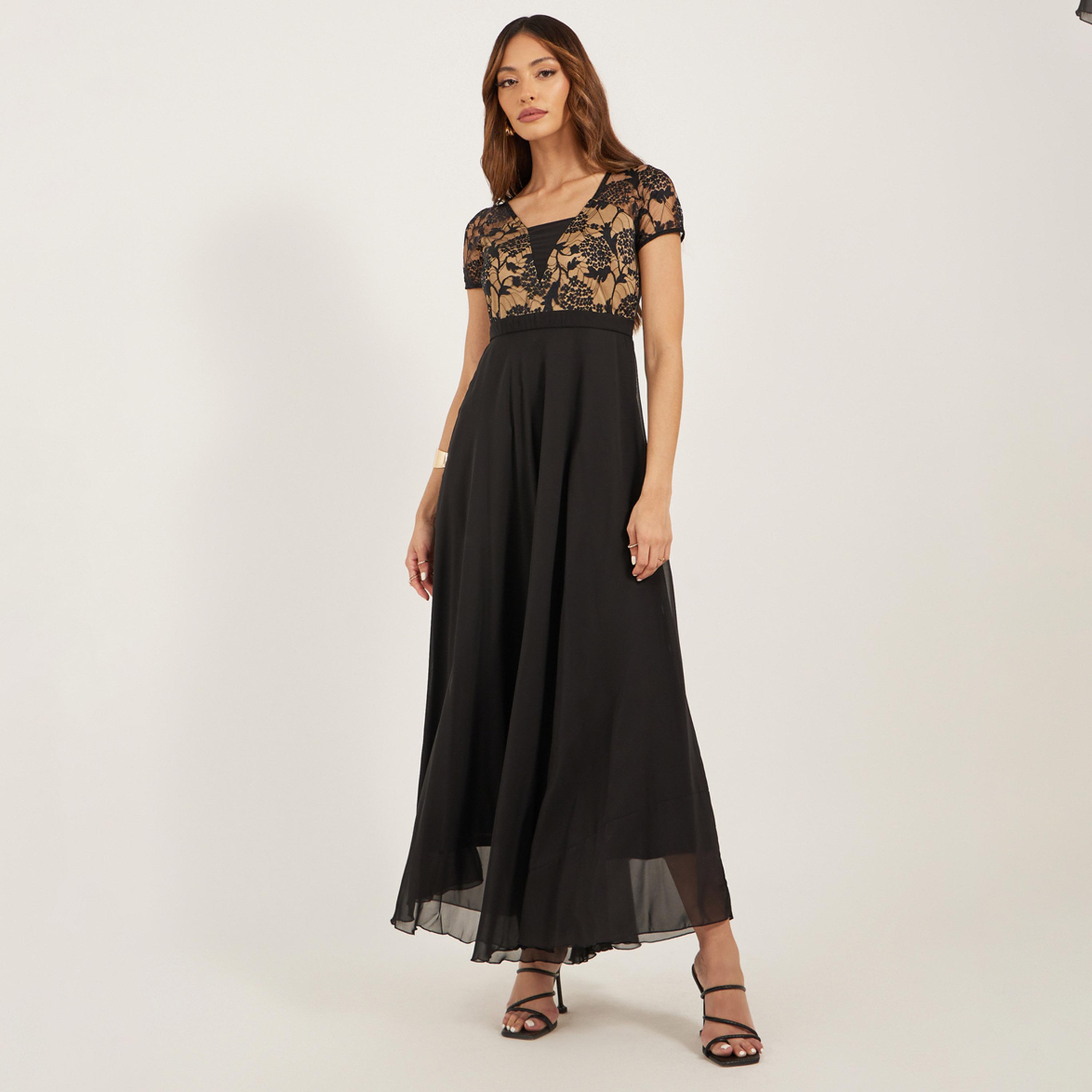 ستايلي-  فستان ماكسي على شكل حرف A وأكمام قصيرة من الدانتيل-women-clothing-dresses-image-2