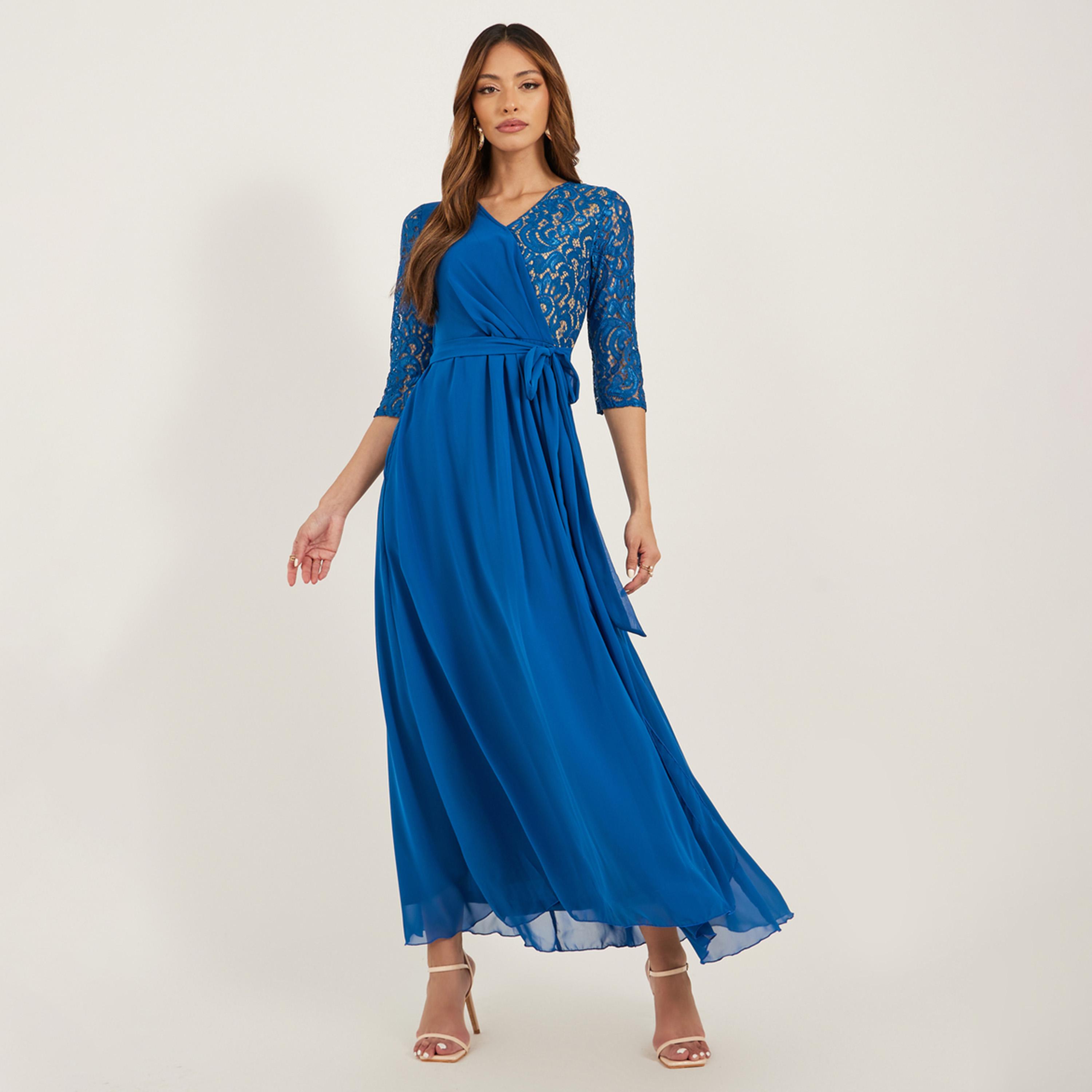 Styli Lace Insert Wrap Maxi Dress with Waist Tie-Up-women-clothing-dresses-image-1