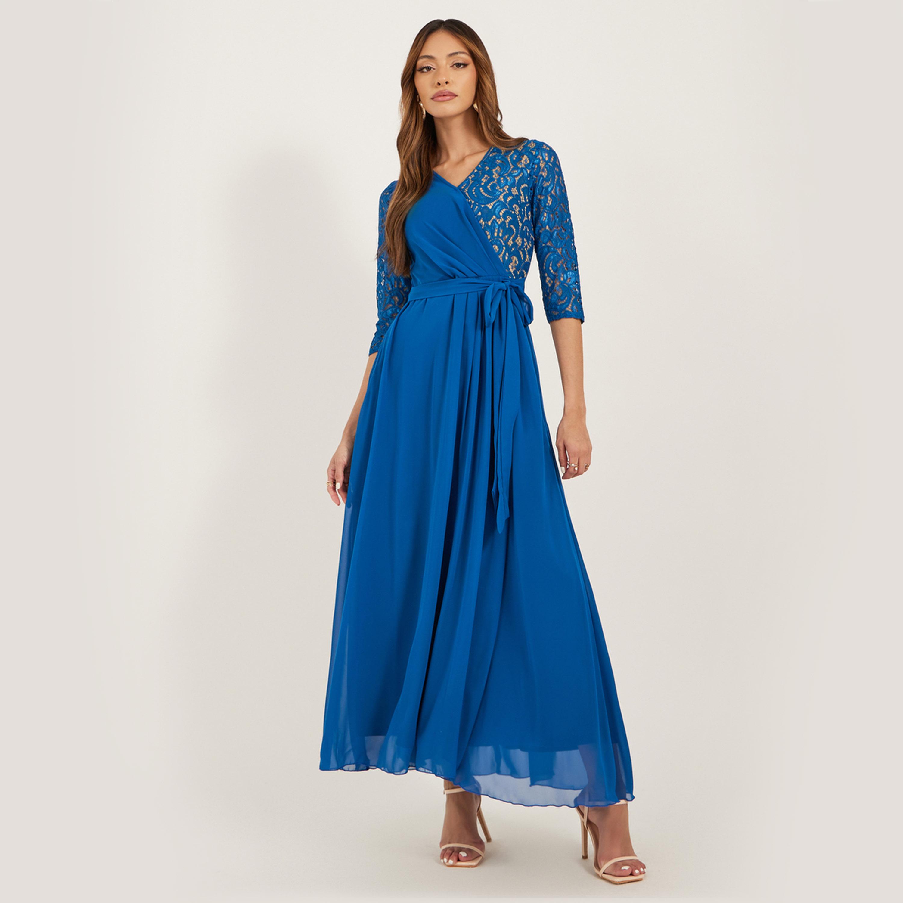 Styli Lace Insert Wrap Maxi Dress with Waist Tie-Up-women-clothing-dresses-image-2