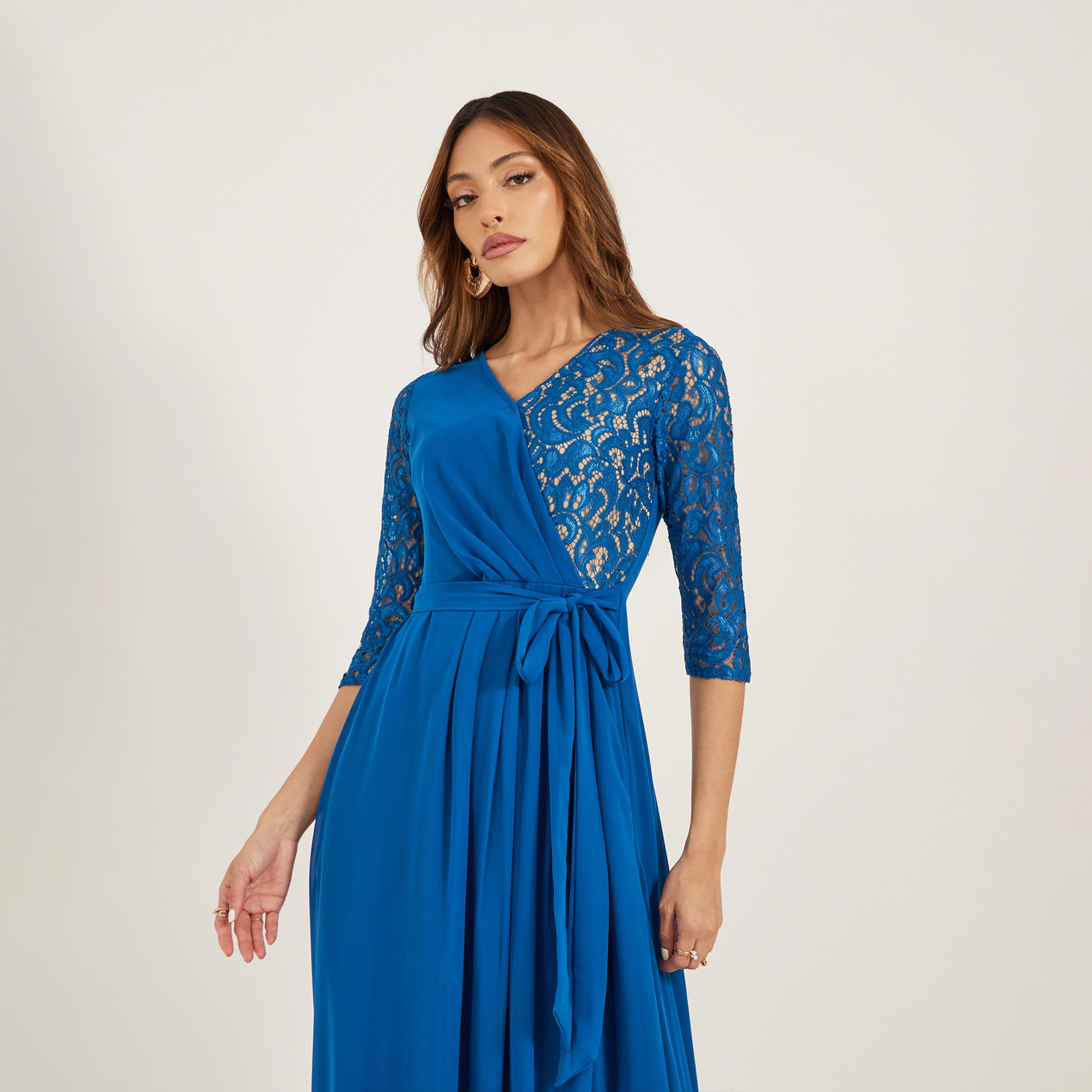 Styli Lace Insert Wrap Maxi Dress with Waist Tie-Up-women-clothing-dresses-image-3