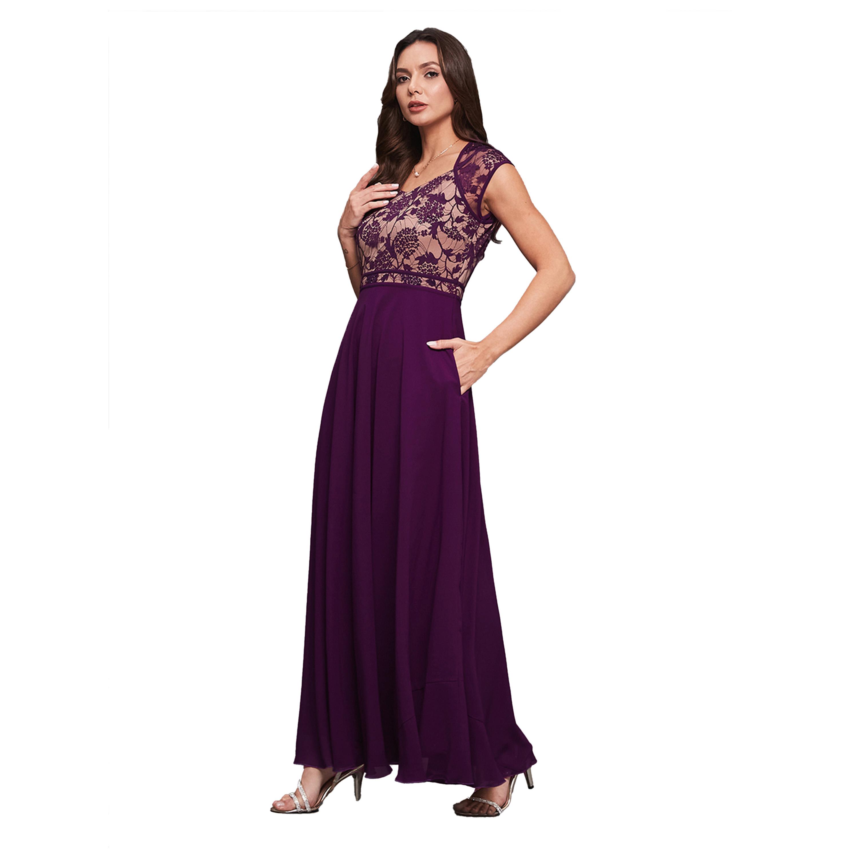 ستايلي - فستان ماكسي قصير الأكمام بقصة A وطبقة دانتيل-women-clothing-dresses-image-1