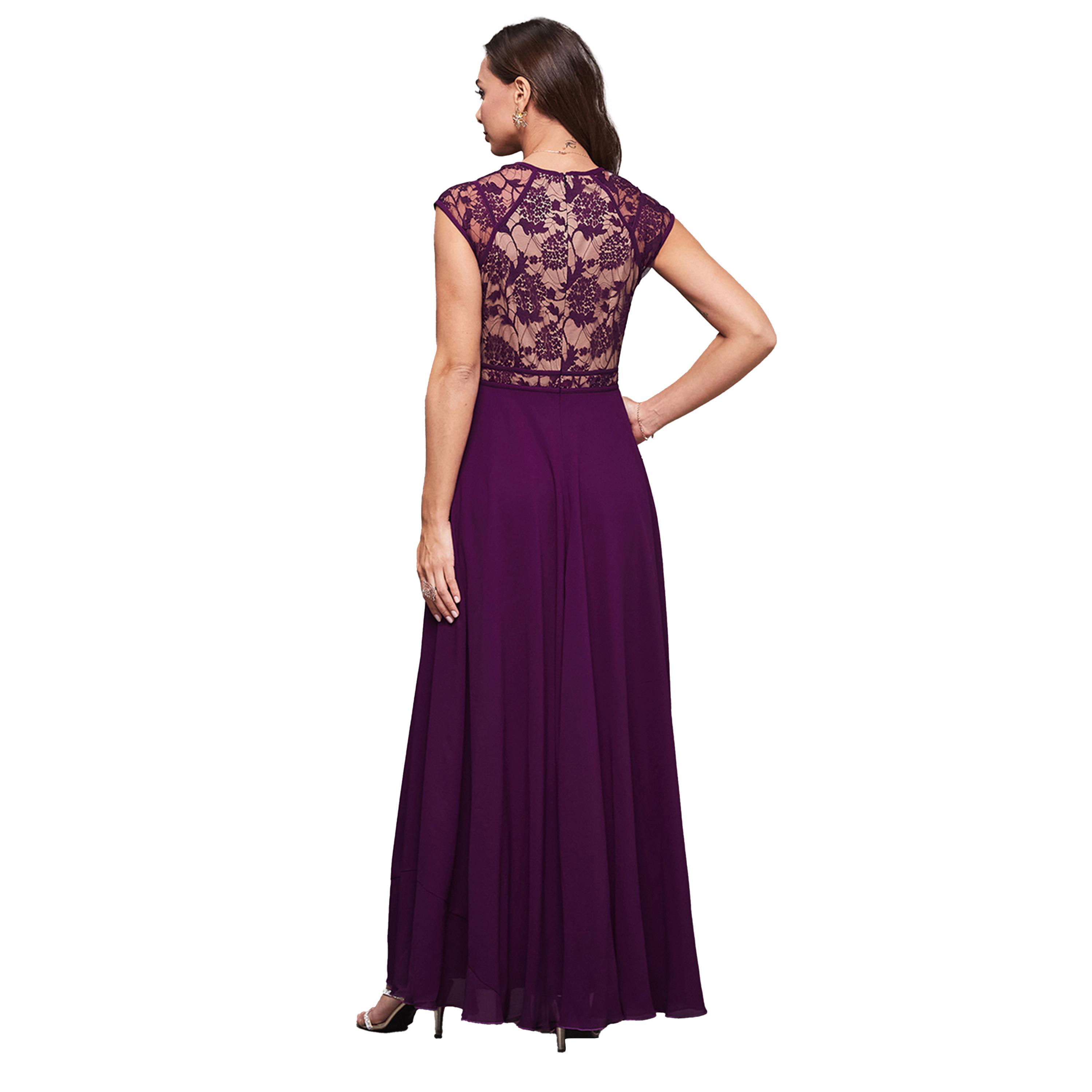 ستايلي - فستان ماكسي قصير الأكمام بقصة A وطبقة دانتيل-women-clothing-dresses-image-2