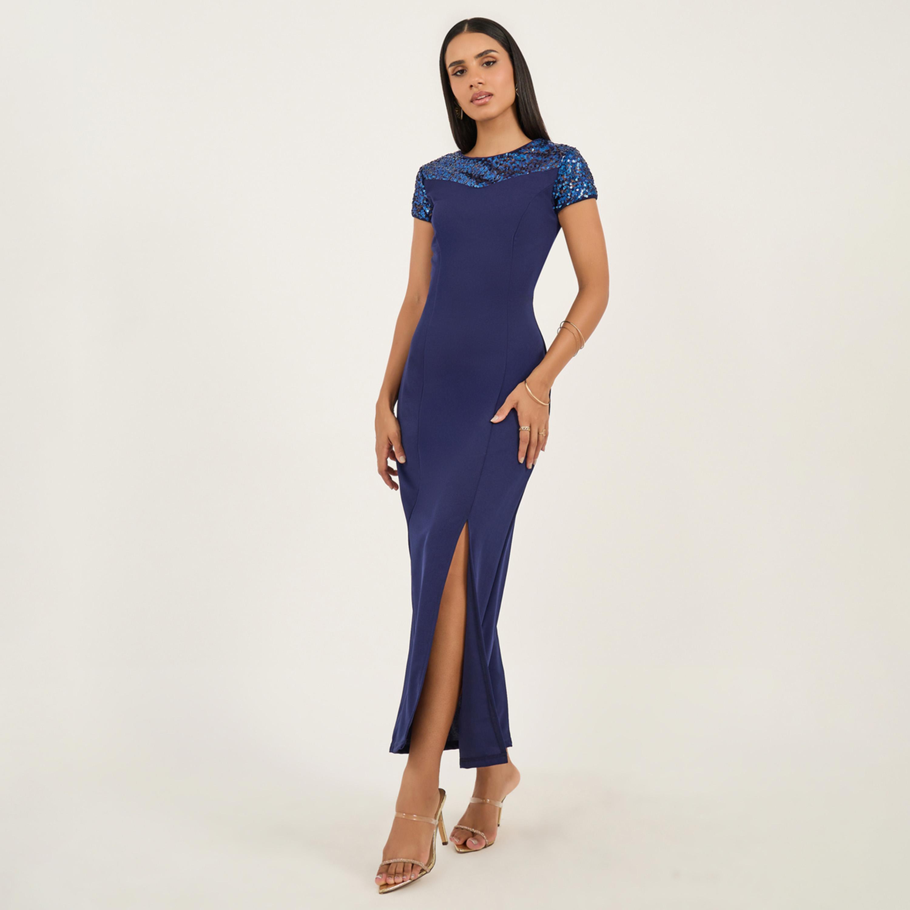 ستايلي - فستان ماكسي ضيق بفتحة أمامية مزين بالترتر-women-clothing-dresses-image-1