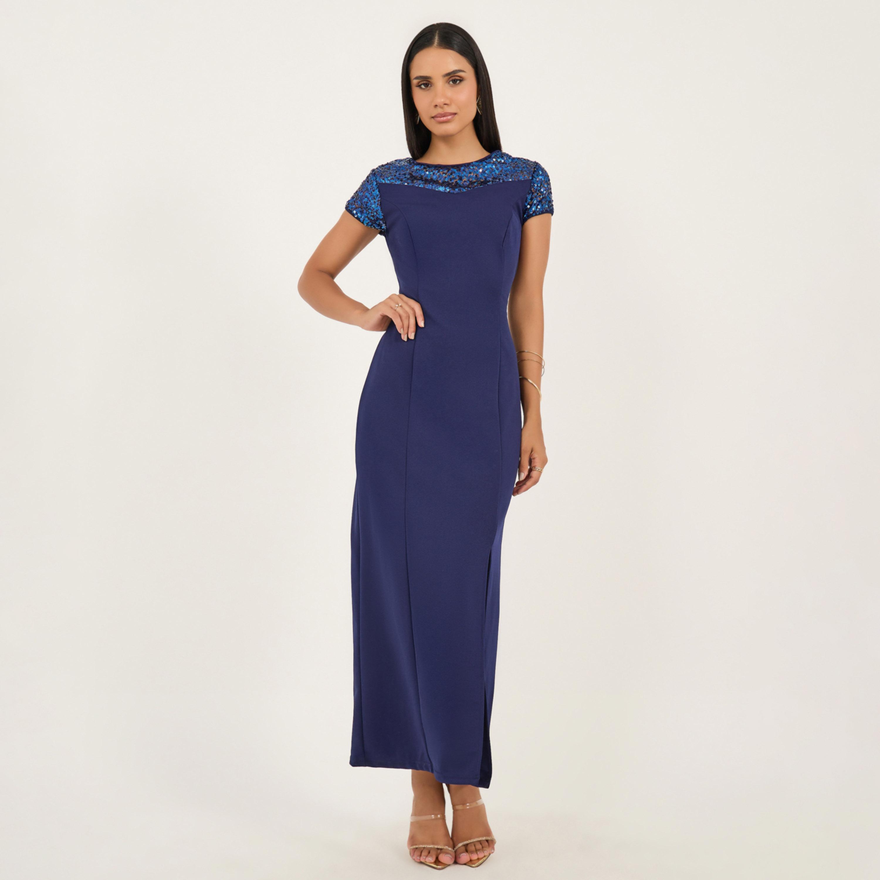 ستايلي - فستان ماكسي ضيق بفتحة أمامية مزين بالترتر-women-clothing-dresses-image-2