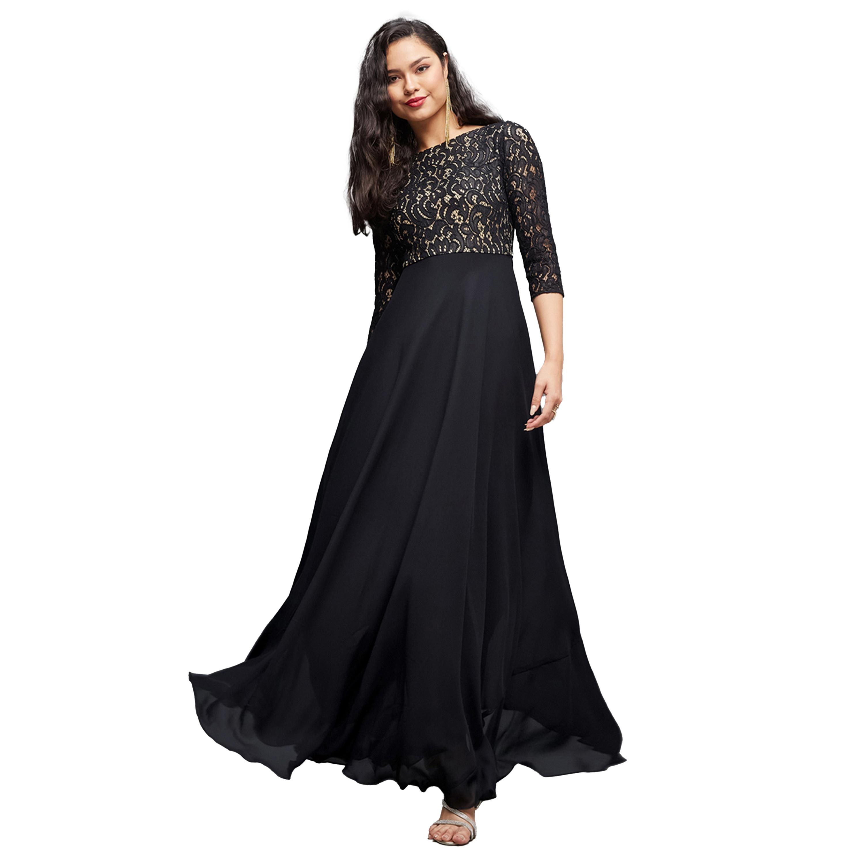 ستايلي - فستان ماكسي برقبة واسعة وطبقة دانتيل-women-clothing-dresses-image-2