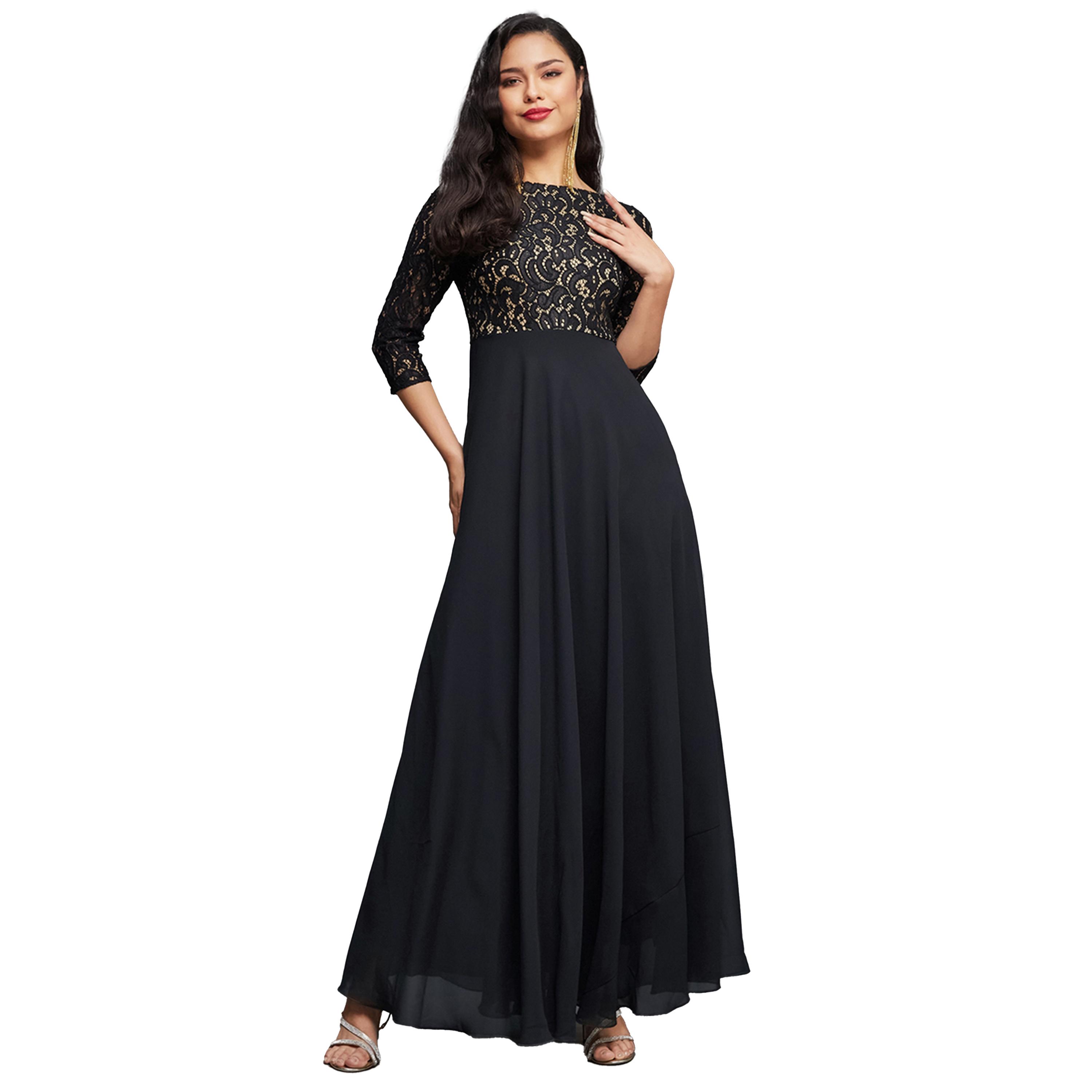 ستايلي - فستان ماكسي برقبة واسعة وطبقة دانتيل-women-clothing-dresses-image-3