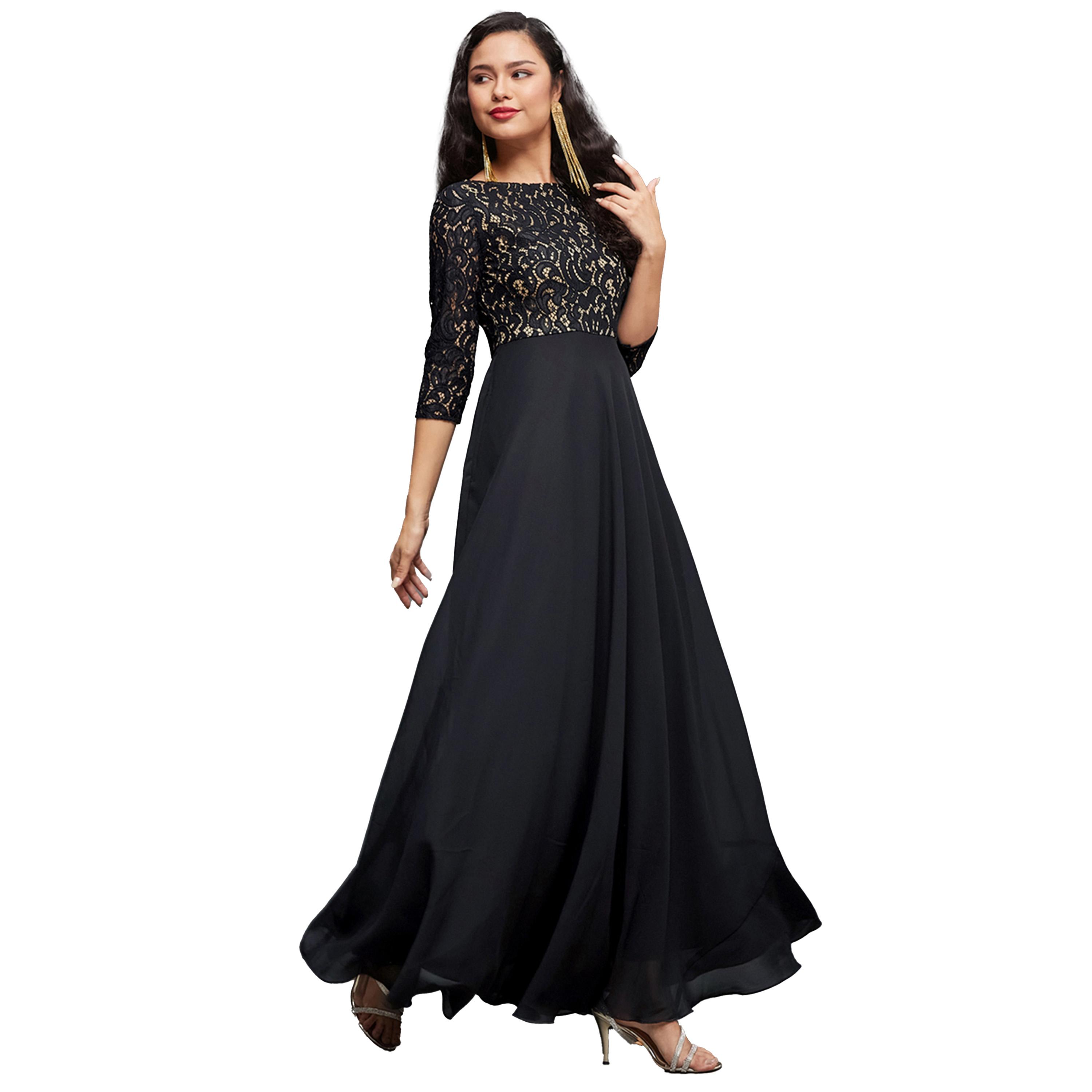 ستايلي - فستان ماكسي برقبة واسعة وطبقة دانتيل-women-clothing-dresses-image-4