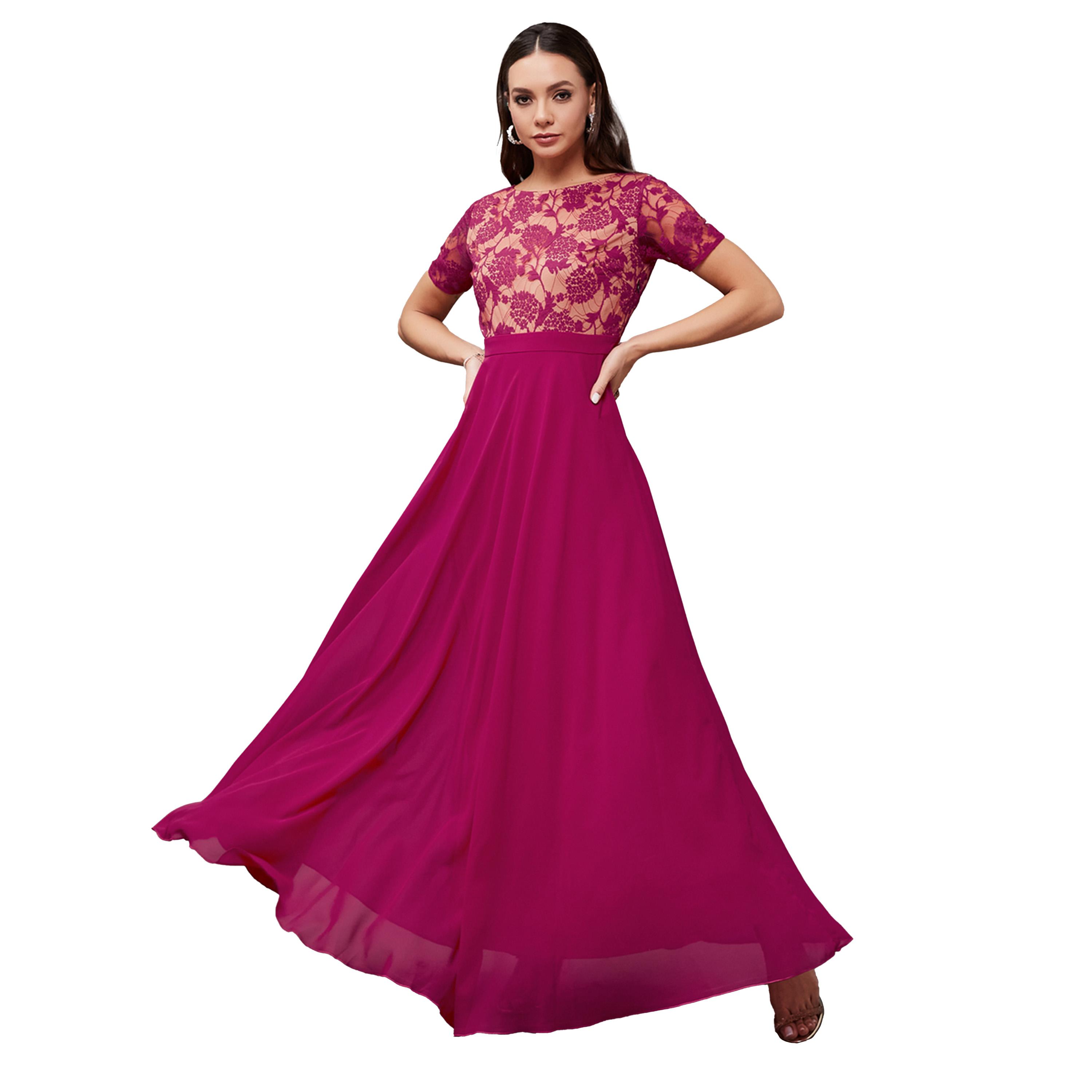 ستايلي - فستان ماكسي بقصّة A مع رقبة واسعة وطبقة دانتيل-women-clothing-dresses-image-1