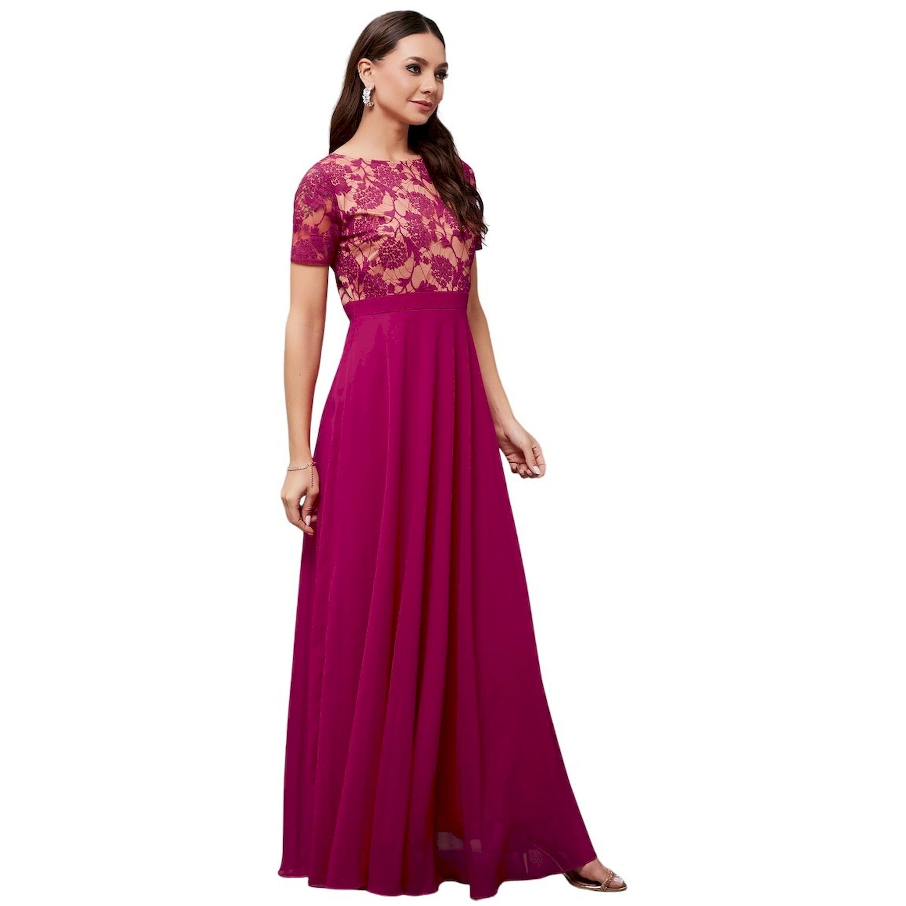 ستايلي - فستان ماكسي بقصّة A مع رقبة واسعة وطبقة دانتيل-women-clothing-dresses-image-2
