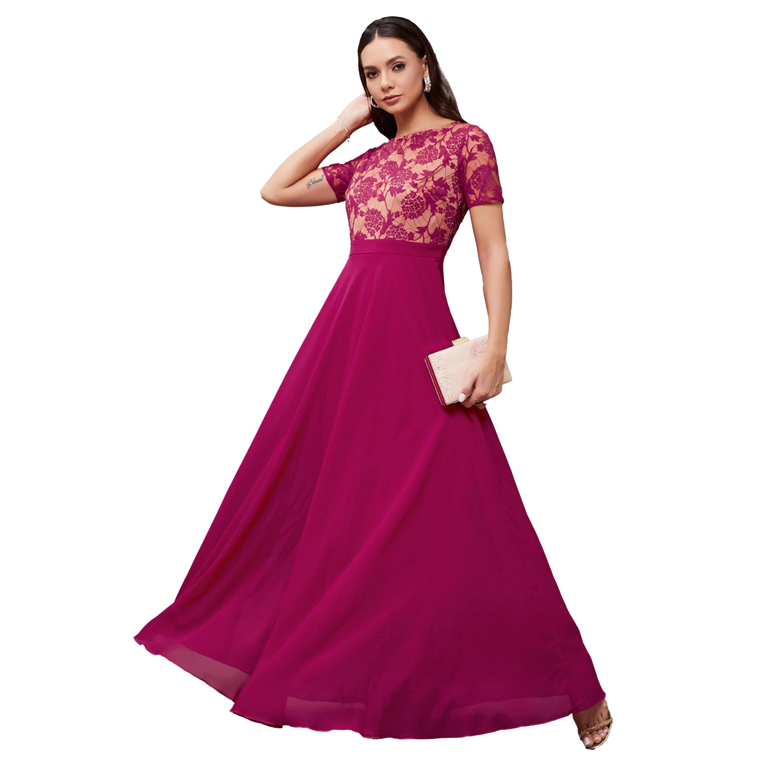 ستايلي - فستان ماكسي بقصّة A مع رقبة واسعة وطبقة دانتيل-women-clothing-dresses-image-5