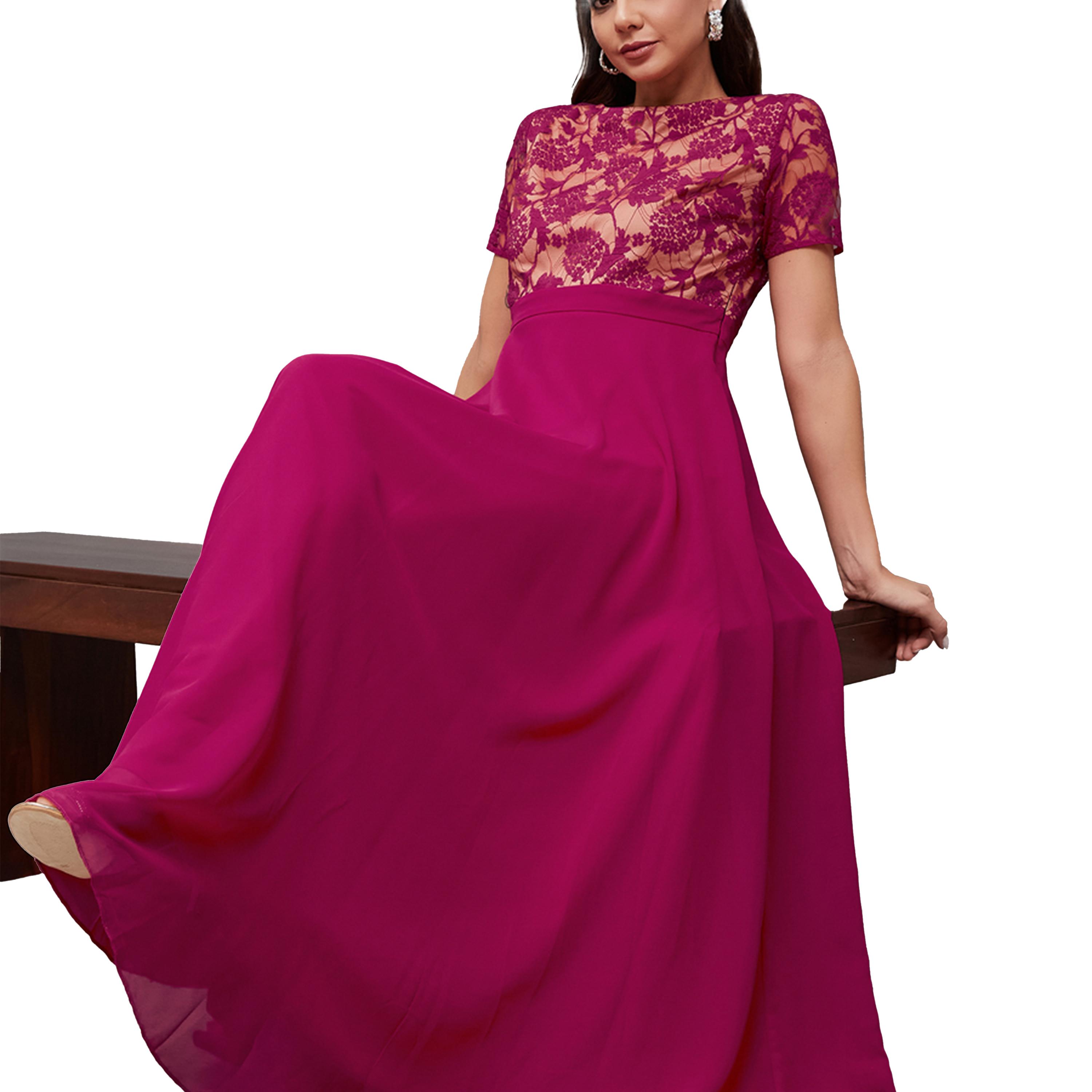 ستايلي - فستان ماكسي بقصّة A مع رقبة واسعة وطبقة دانتيل-women-clothing-dresses-image-6