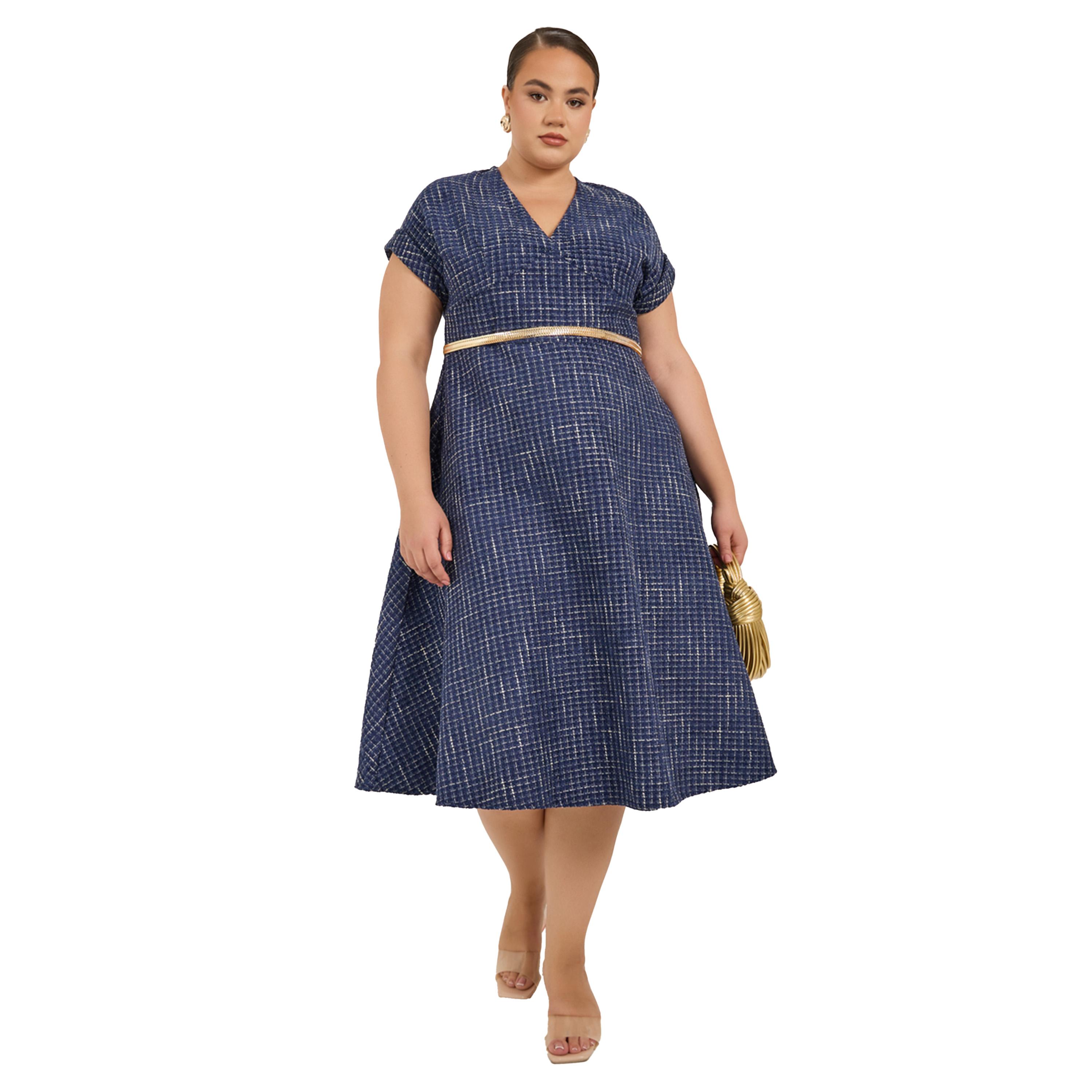 ستايلي - فستان ميدي بأكمام قصيرة على شكل حرف A ومقاس كبير مع حزام سلسلة-women-clothing-dresses-image-1