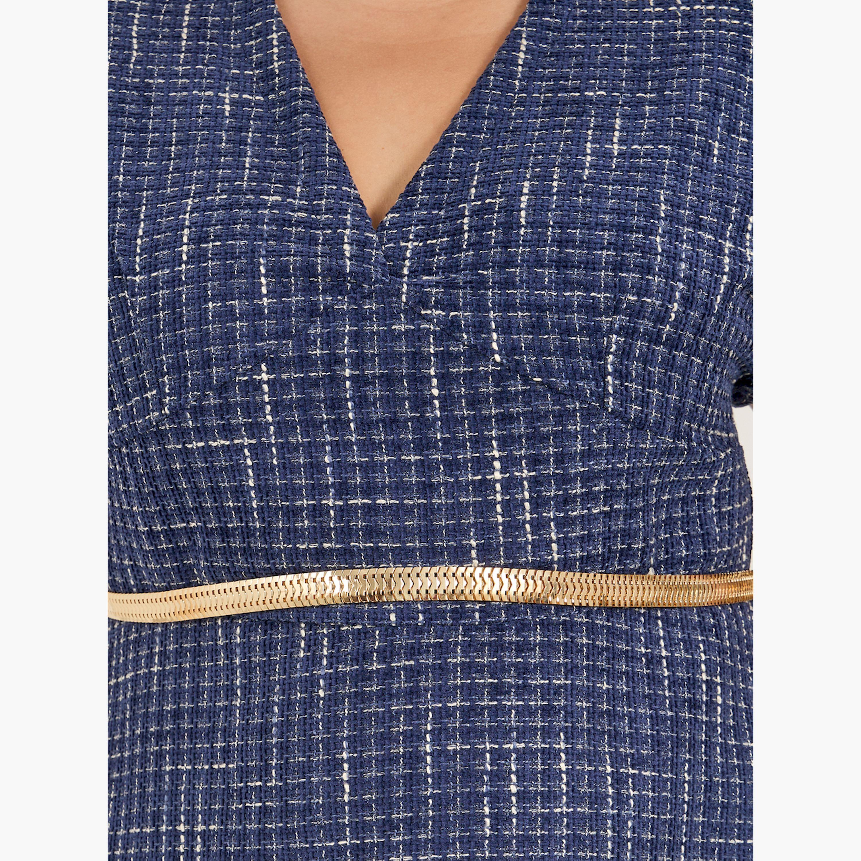 Styli Plus Size Short Sleeves A-Line Midi Dress with Chain Belt-women-clothing-dresses-image-4