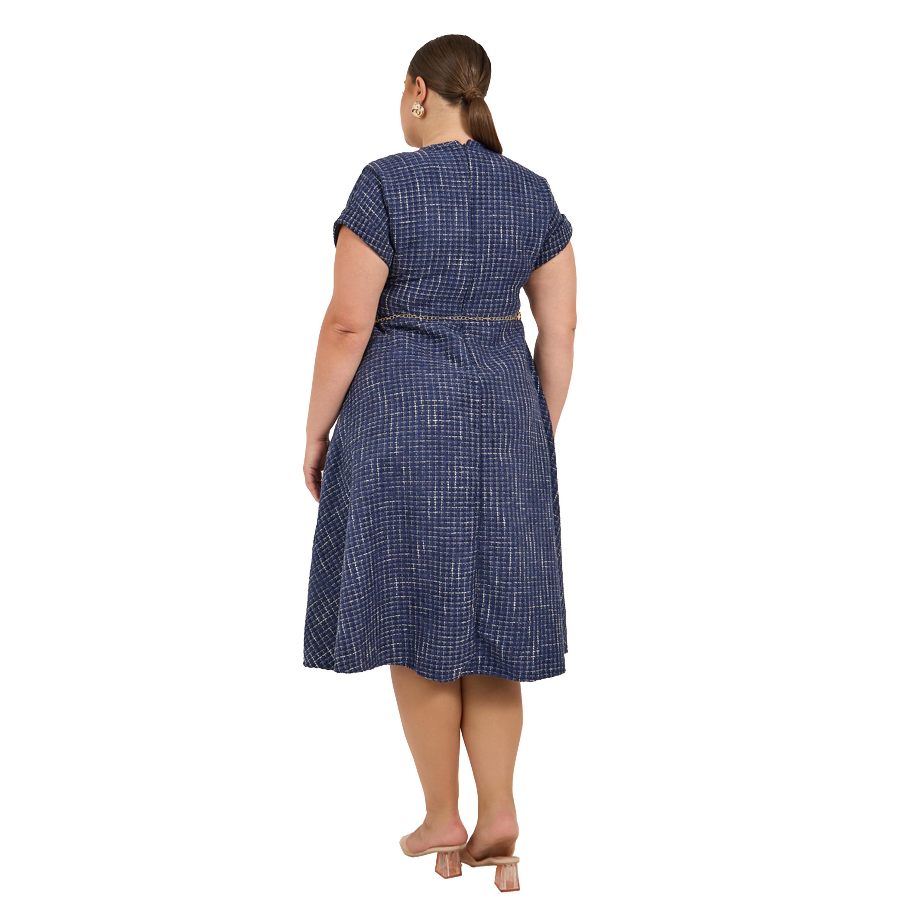 ستايلي - فستان ميدي بأكمام قصيرة على شكل حرف A ومقاس كبير مع حزام سلسلة-women-clothing-dresses-image-5