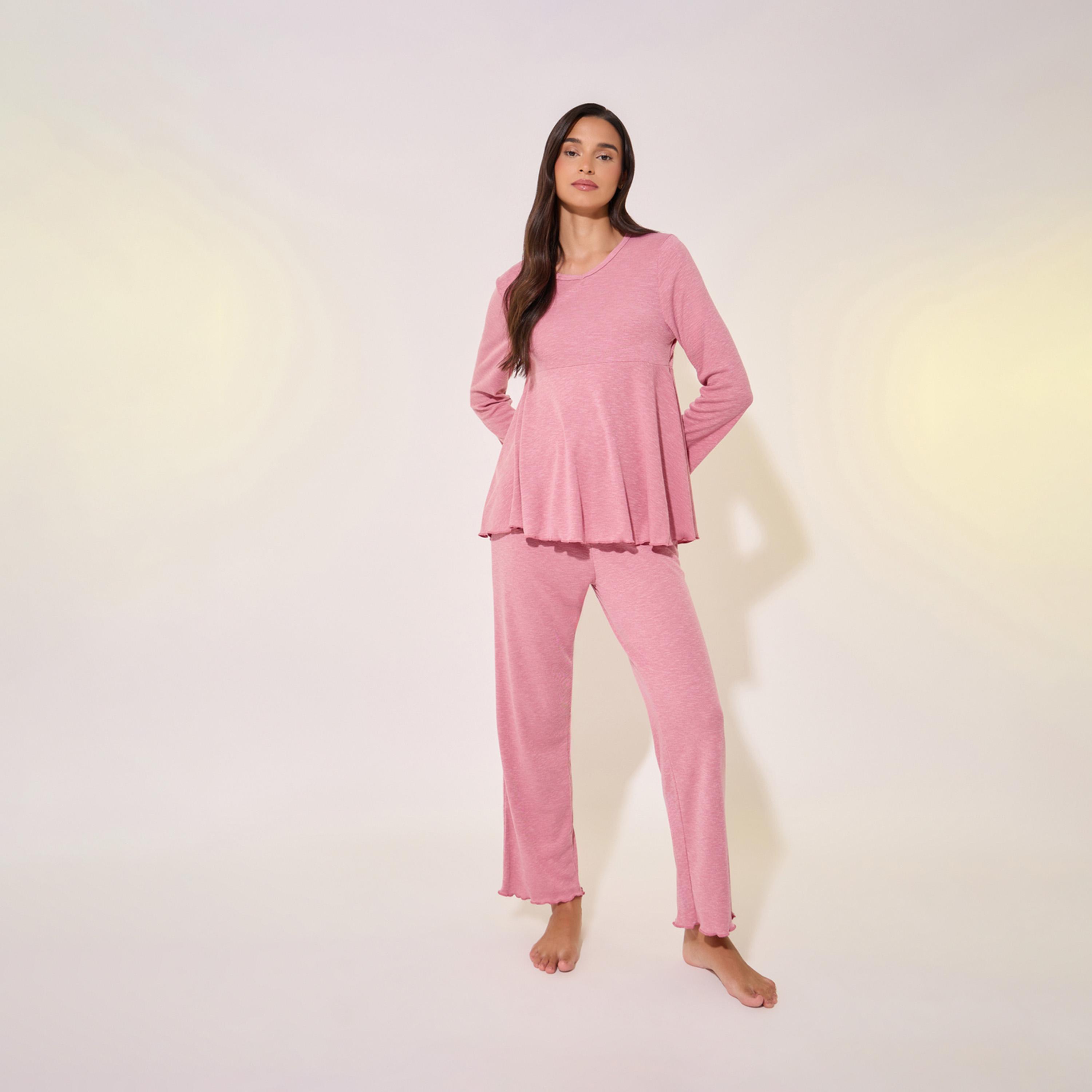 Take Two Solid Ruffled Hem Round Neck Top and Pyjama Set-women-clothing-nightwear-pyjamas-longsets-image-1