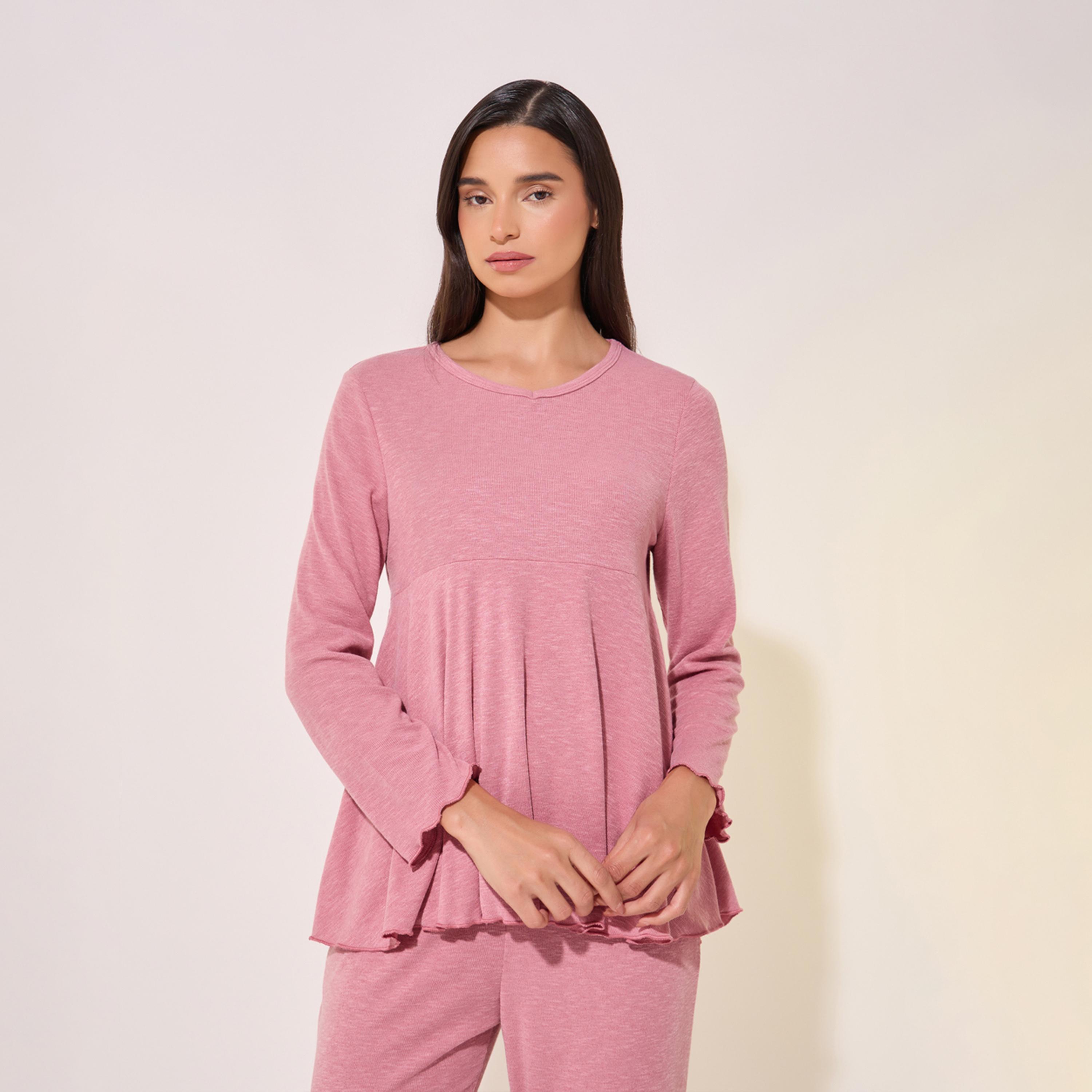 Take Two Solid Ruffled Hem Round Neck Top and Pyjama Set-women-clothing-nightwear-pyjamas-longsets-image-2