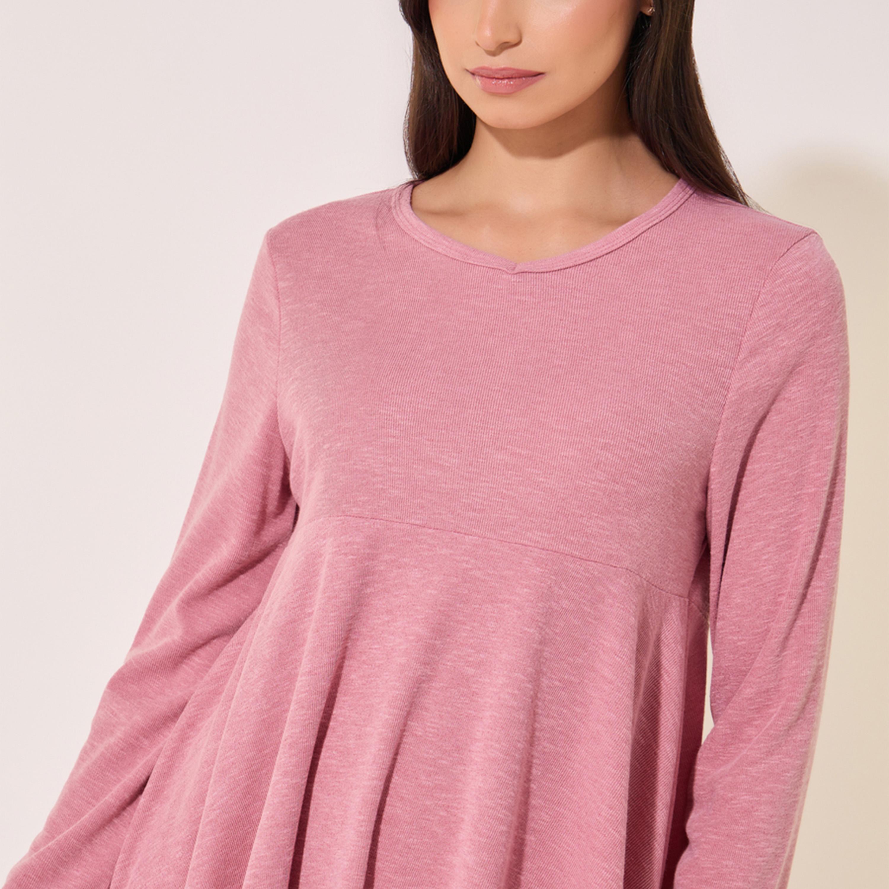 Take Two Solid Ruffled Hem Round Neck Top and Pyjama Set-women-clothing-nightwear-pyjamas-longsets-image-3