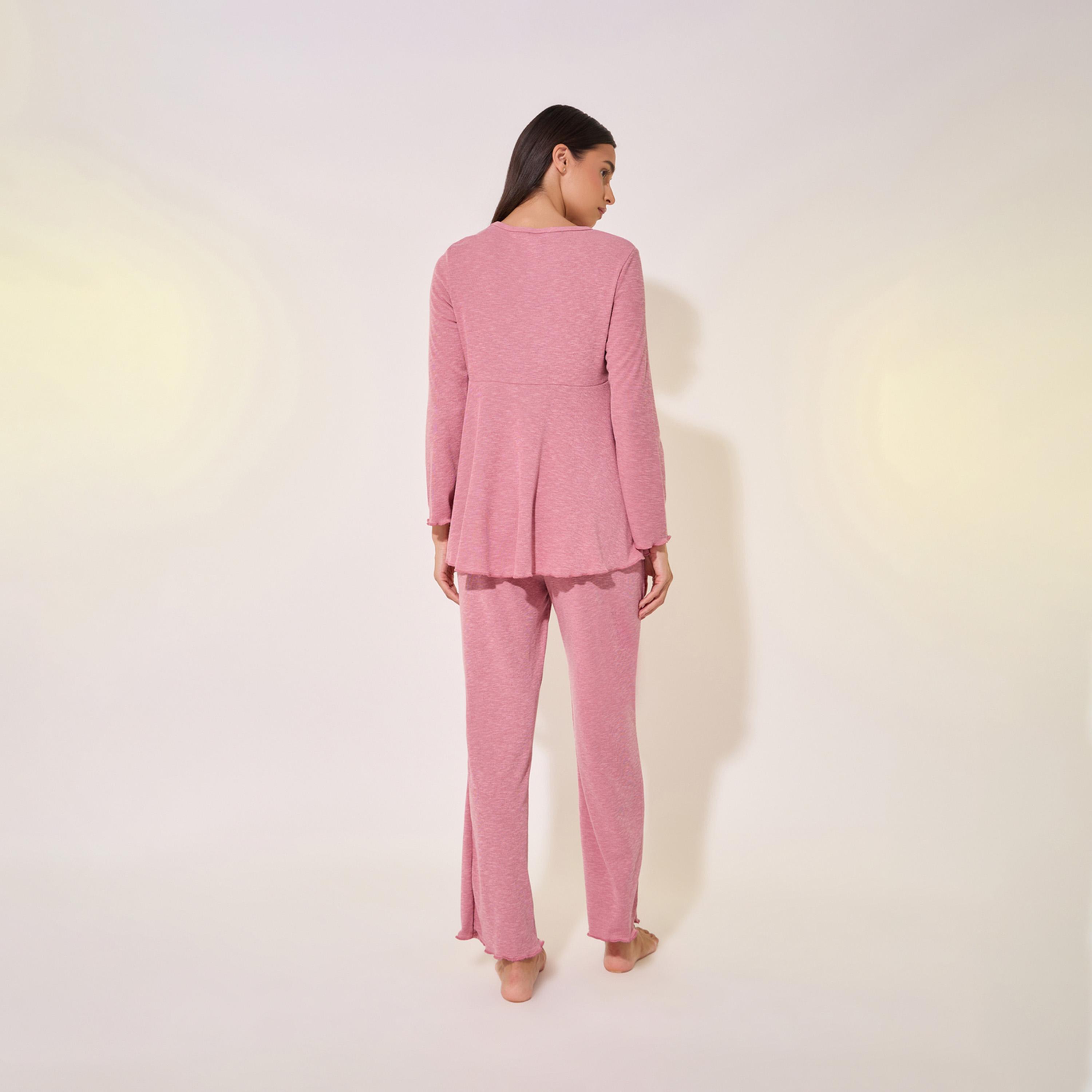 Take Two Solid Ruffled Hem Round Neck Top and Pyjama Set-women-clothing-nightwear-pyjamas-longsets-image-5